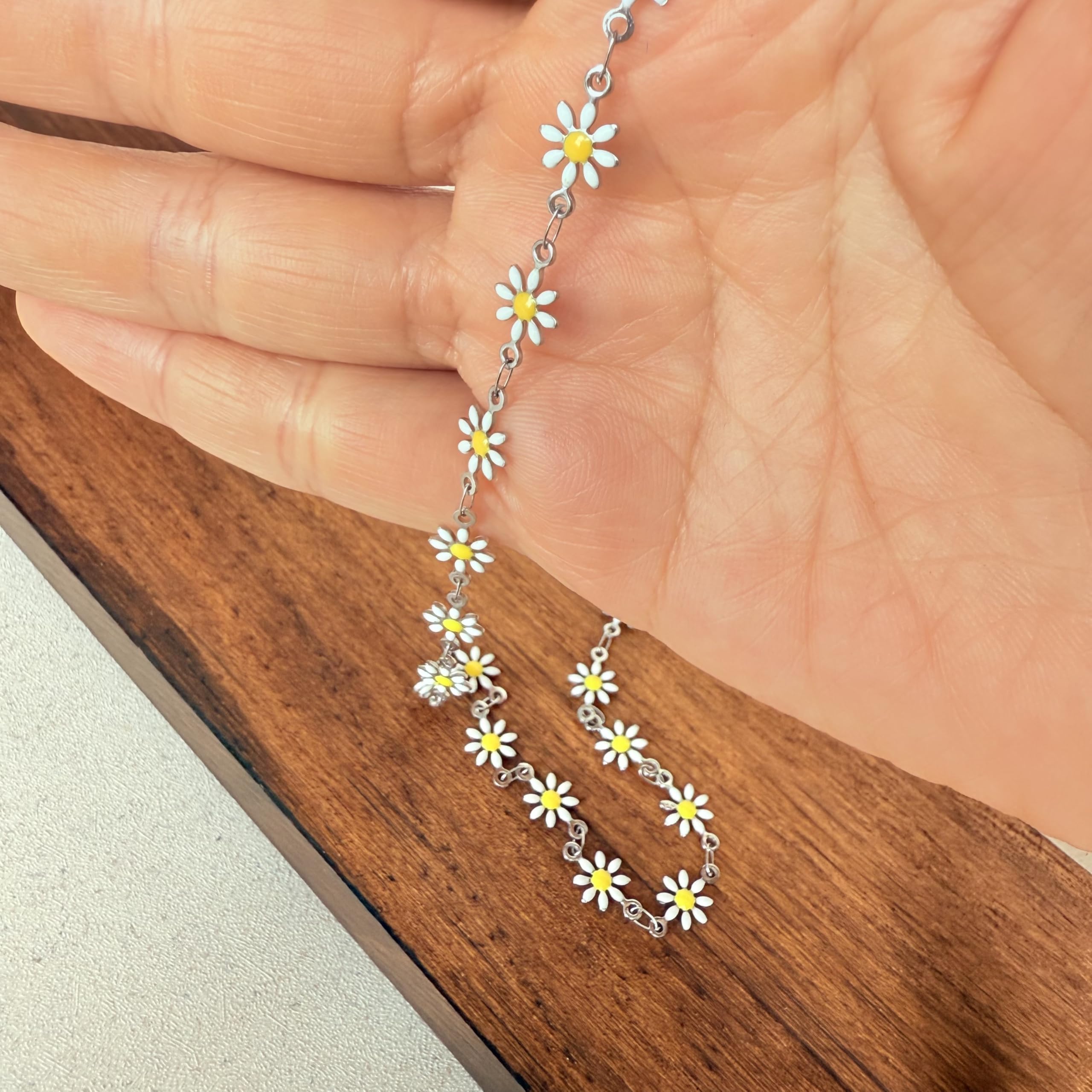 collar gargantilla con cadena de margaritas Acero inoxidable 316L collar corto con colgantes de flores esmaltadas Longitud aprox.35cm+5cm