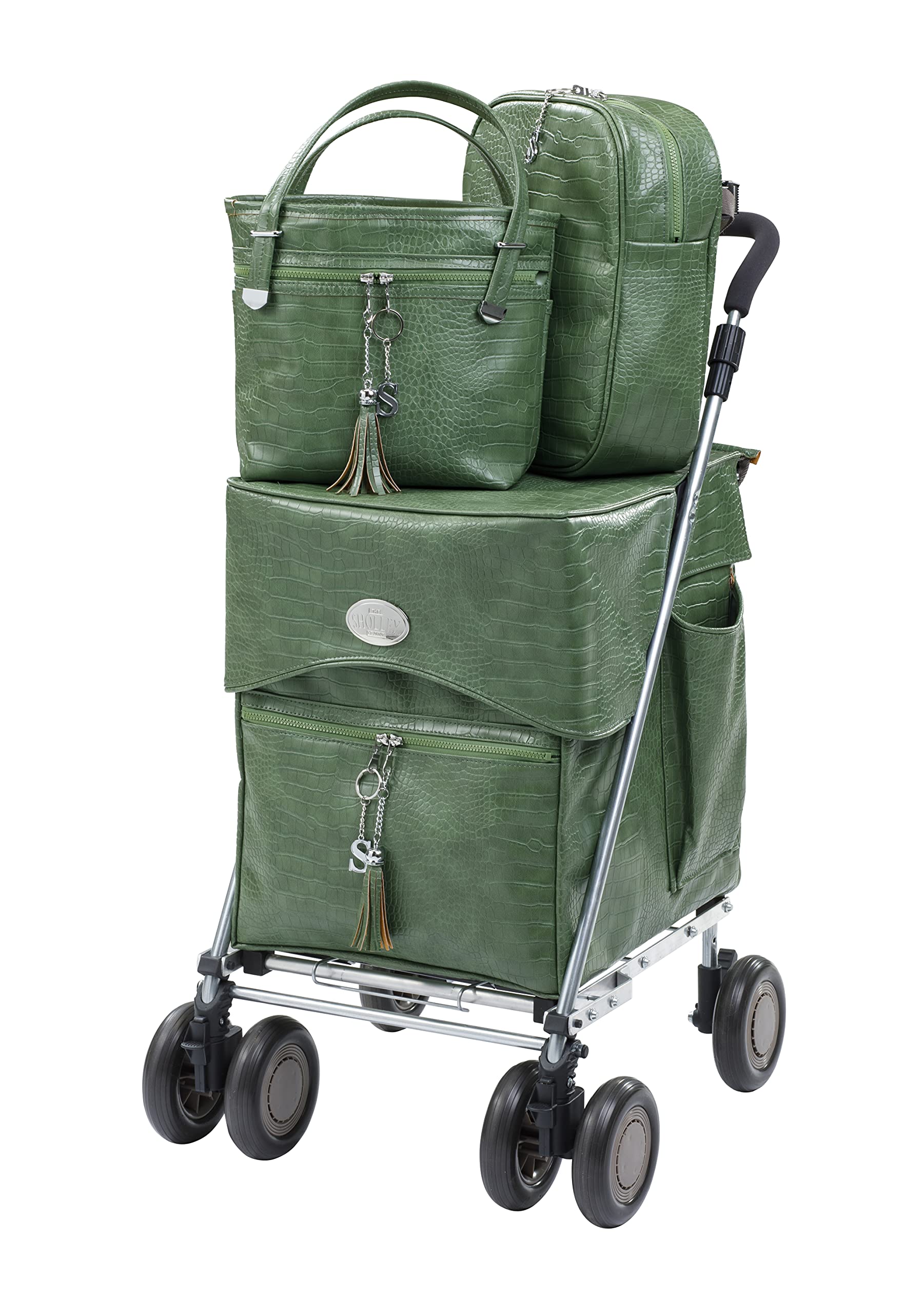 SholleyNEW Range Deluxe Shopping Set 'The Bond Street Combination' Classic Green design, Folding Shopping Trolley, Push Grocery Cart, Matching Handbag, Cool Bag and FREE Internal Separator Bag