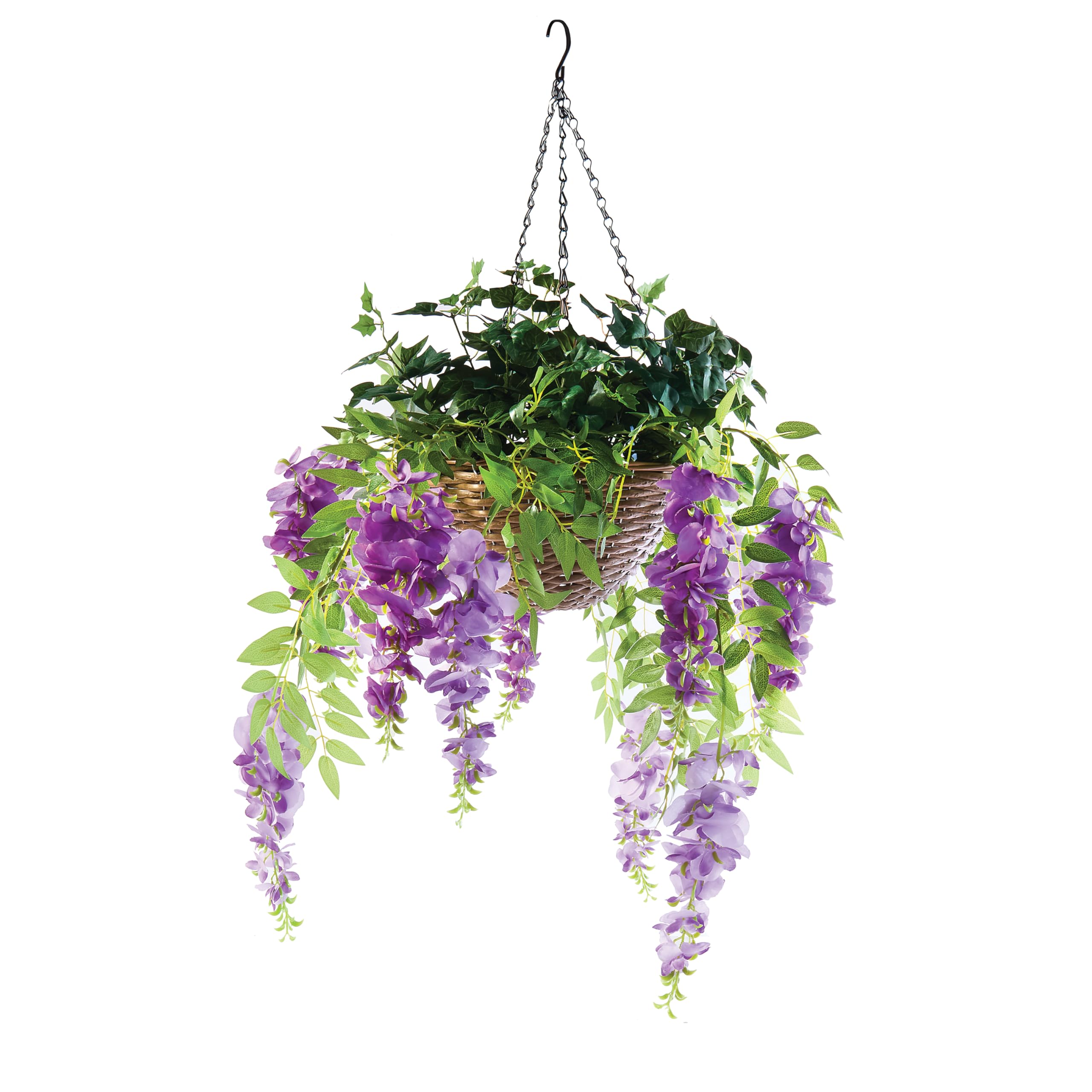 Coopers of Stortford - Artificial Ivy and Wisteria Hanging Basket - All-Year-Round Faux Flowers, Maintenance-Free with Basket Included - Durable Plastic and Fade-Resistant Polyester