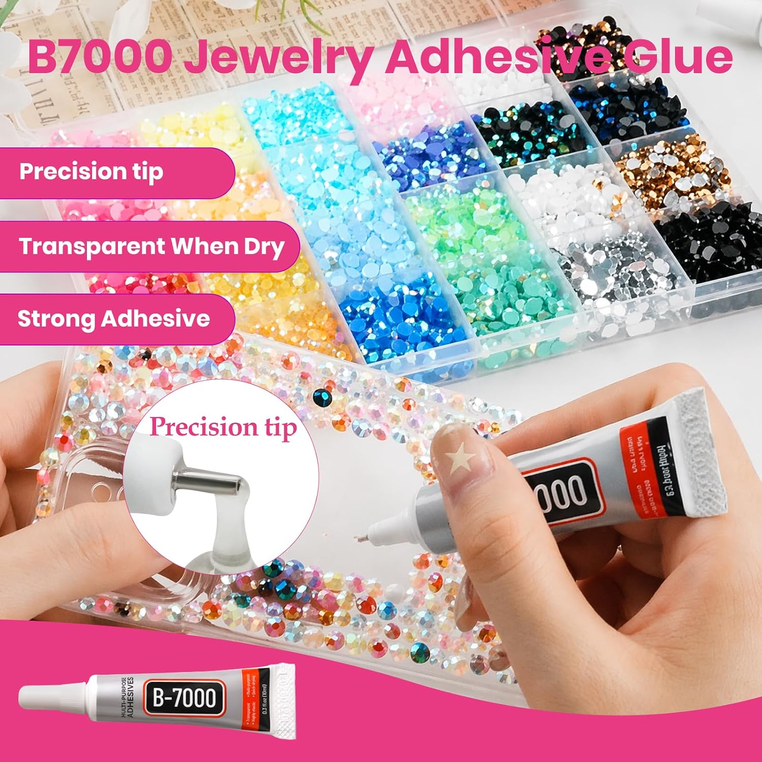 144000Pcs 48 Colors Resin Jelly Rhinestones for Bedazzling Kit, 3mm Multicolor Flatback Gems with 6Pcs 10ml B7000 Jewelry Glue for Crafting, Diamond Nail Art, Shoes, Books