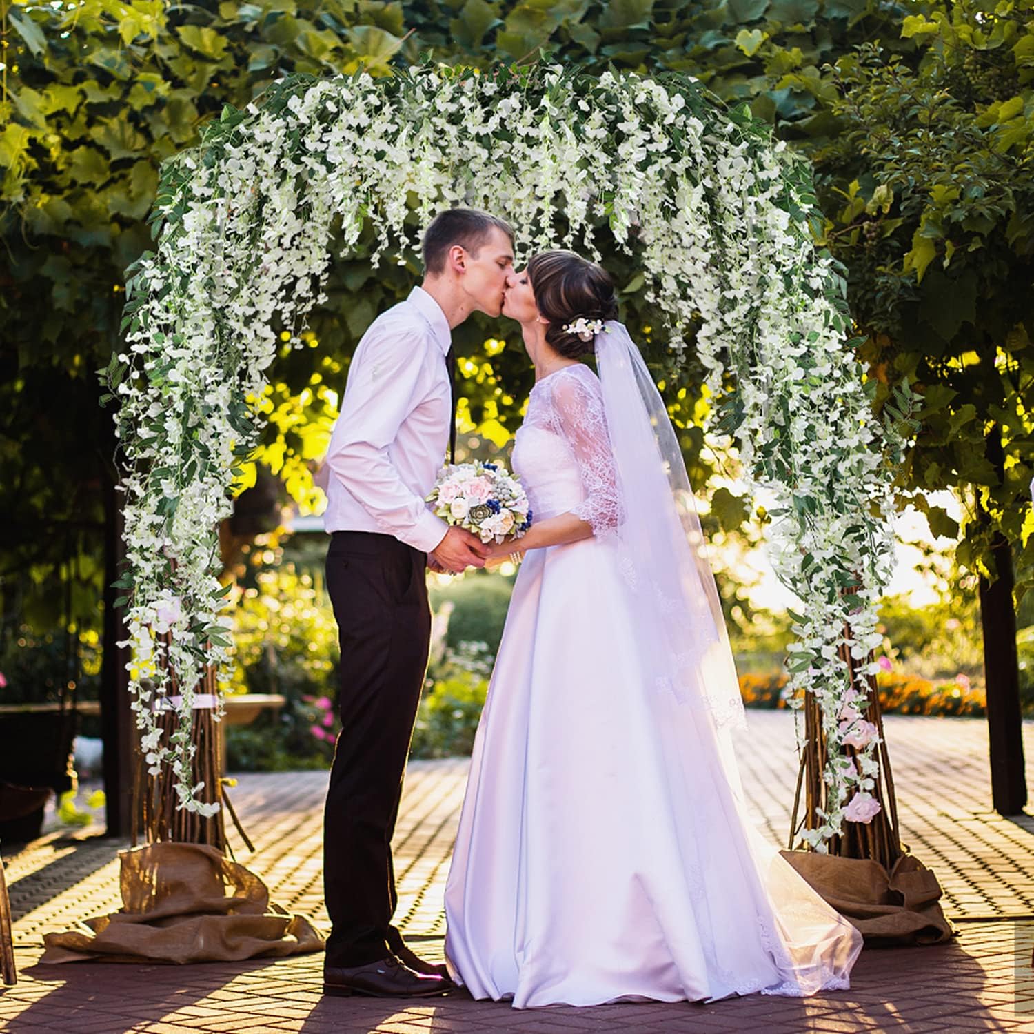 JUSTOYOU 3PCS 7FT 12 Stem Artificial Wisteria Vine Garland Fake Flower Wisteria Garlands for Outdoor Indoor Wedding Wall Badroom Decoration(White)