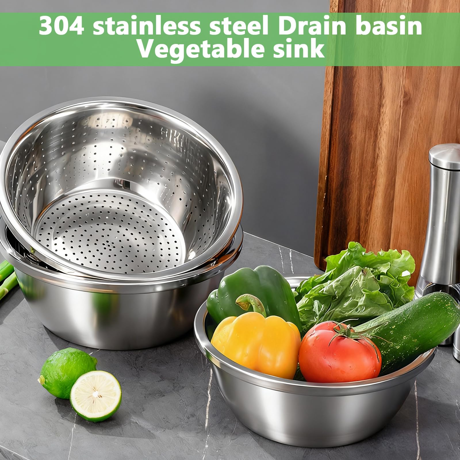 Set di 2 colino e ciotole in acciaio inox, 20 cm, colino da cucina, colino per pasta di riso, ciotola impilabile in acciaio inox, per verdure, frutta, pasta di riso
