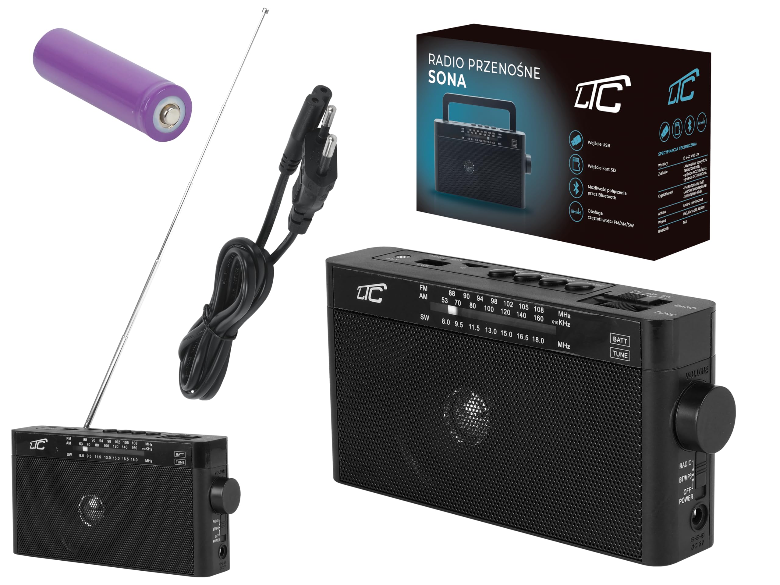 LTC Sona przenośne radio retro z Bluetooth/AM/FM / MP3 / USB/SD 1200 mAh akumulator antena teleskopowa (czarna)
