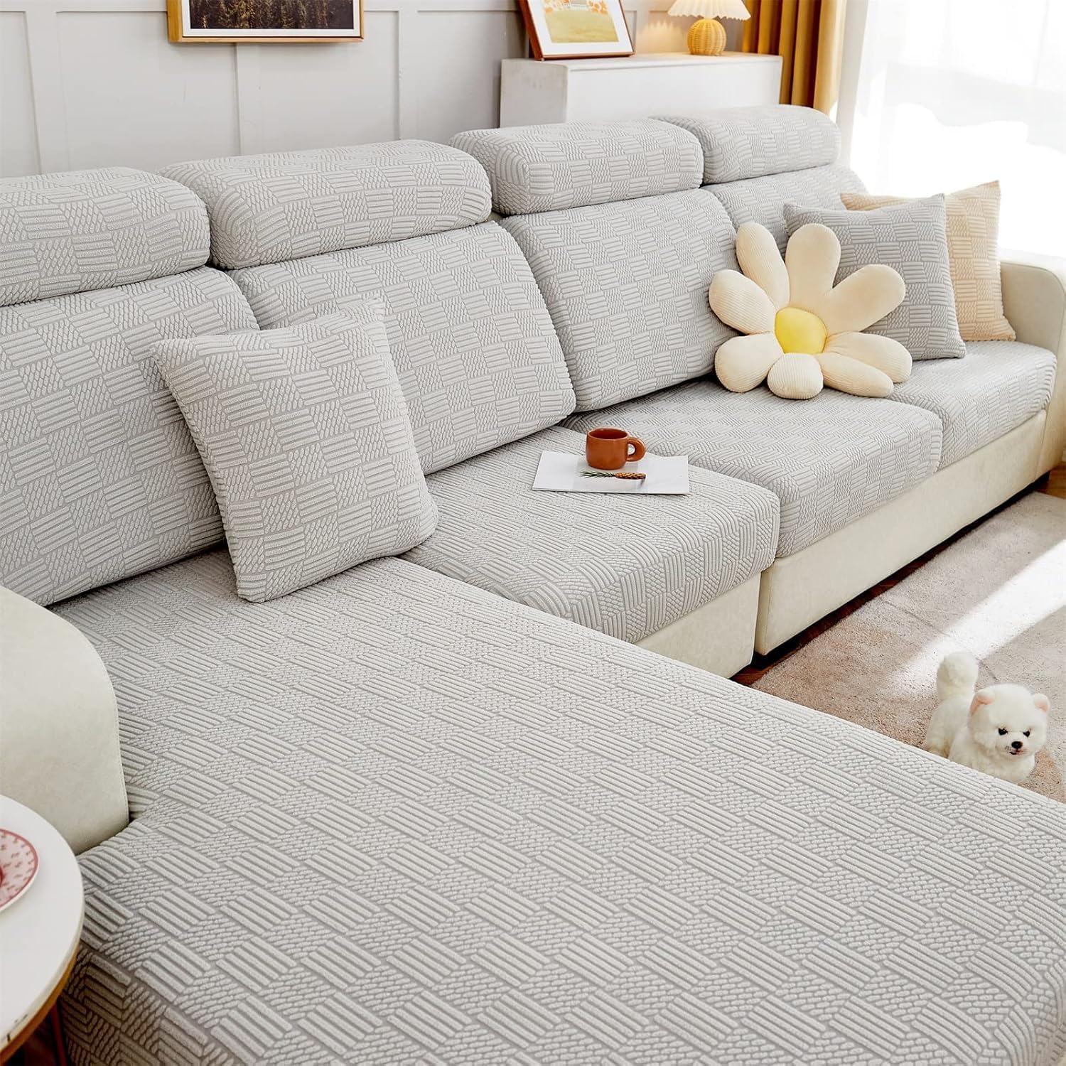 ele ELEOPTION Couch Back Cushion Covers Elastic L Shape Sectional Sofa Cover Furniture Protector Slipcover for Living Room (Length 31-39inch Width 20-25inch,M Back Cover) Grey White