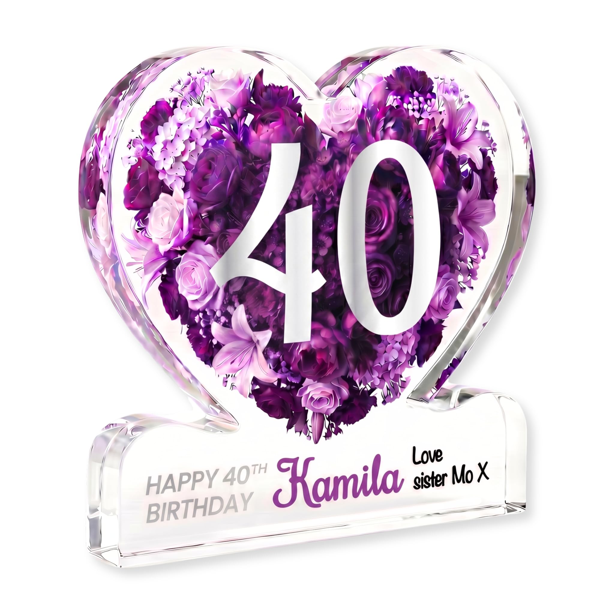 MyKeepsy Personalised 40th Birthday Plaque – Custom Name & Message Heart Acrylic Keepsake, Floral 40 Decoration Gift for her, 5 Colour Options (Royal Purple)