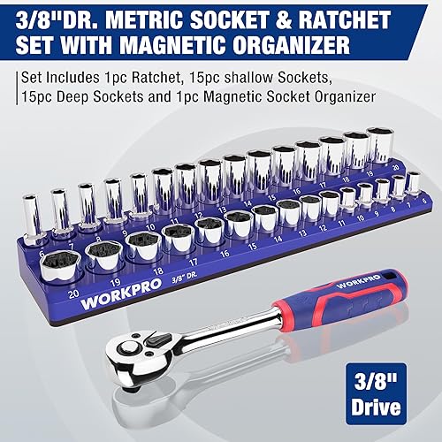 Miniatura 2 de WORKPRO 32 llaves métricas de 38 pulgadas y trinquete, incluyendo 30 enchufes métricos profundos y poco profundos, 0.236-0.787 in con organizador