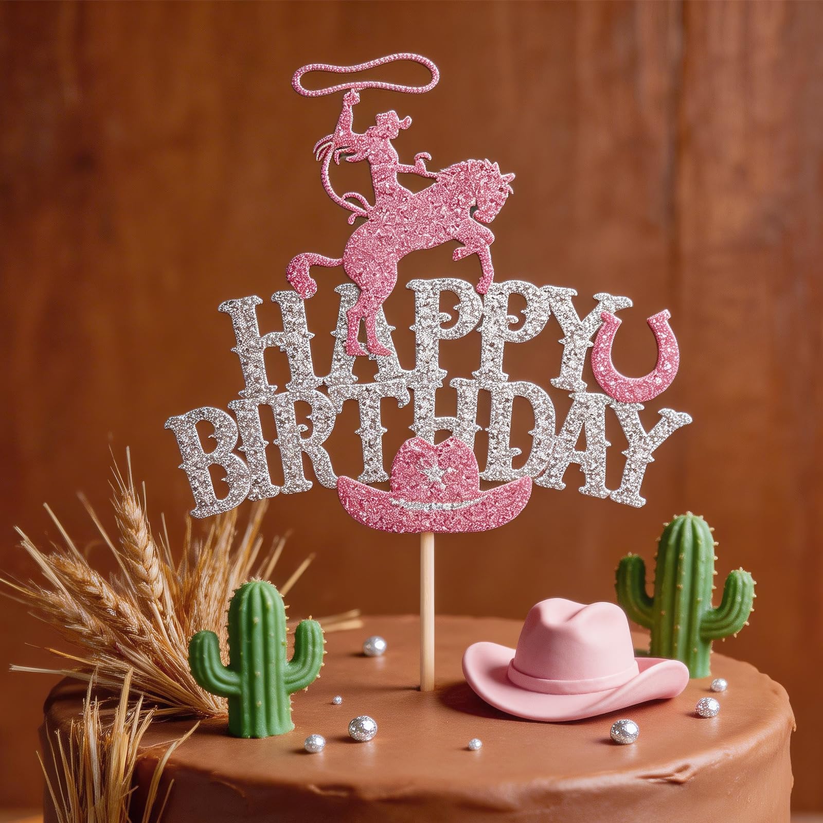 Western Theme Cake Toppers - Cowboy Party Decorations for Adult Birthday, Anniversary Celebration - Set of 1 Cake Insert with Multiple Design Elements