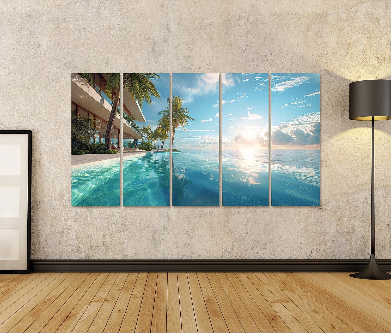islandburner Primer cuadro sobre lienzo Villa moderna con piscina infinita, puesta de sol y vista al mar se funde con horizonte imágenes murales póster