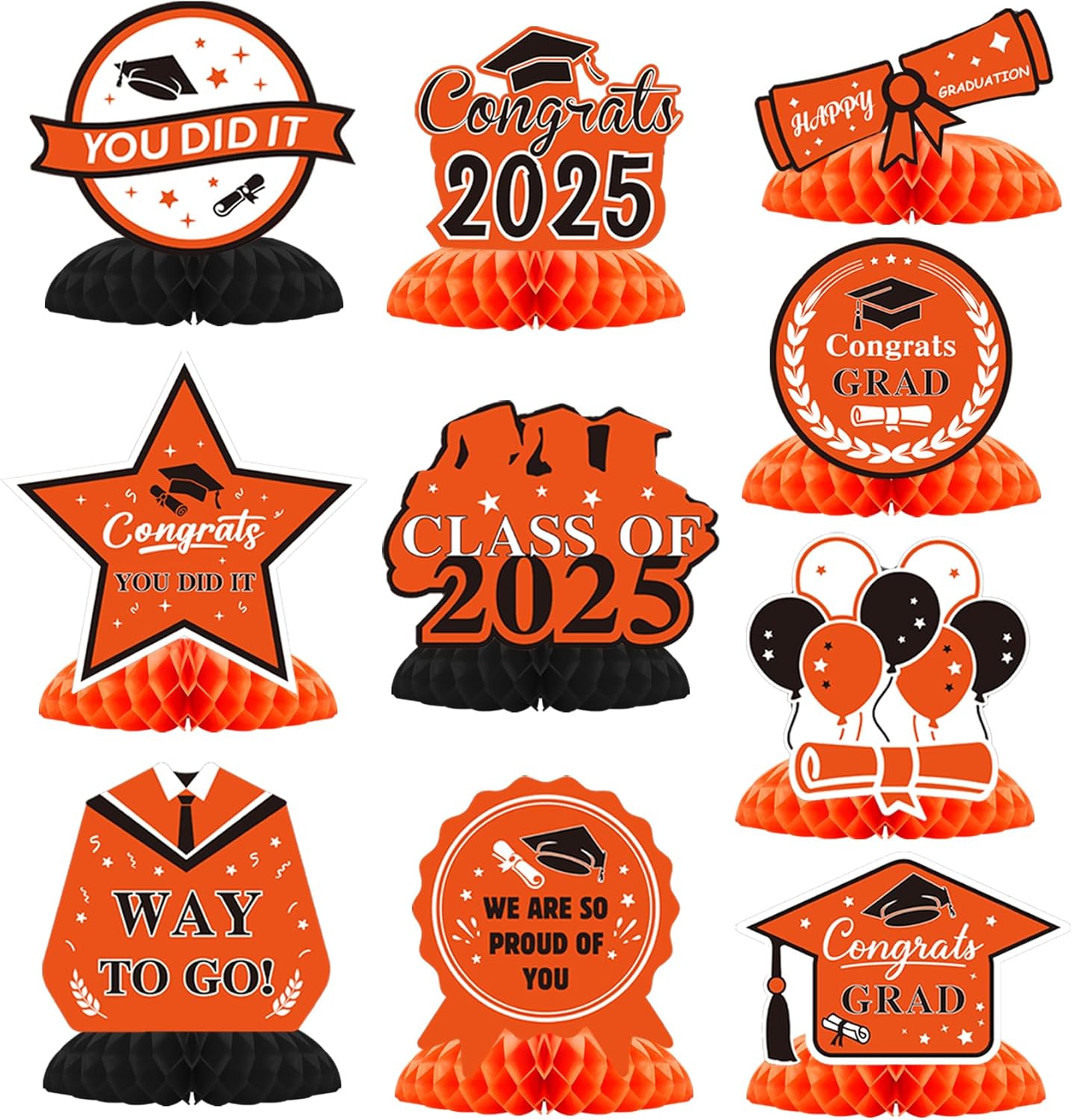 Graduation Decorations 2025, 10PCS Graduation Centerpieces for Table Orange Black Graduation Party Decorations Class of 2025 Congrats Grad Honeycomb Centerpieces Table Decor Graduation Party Supplies