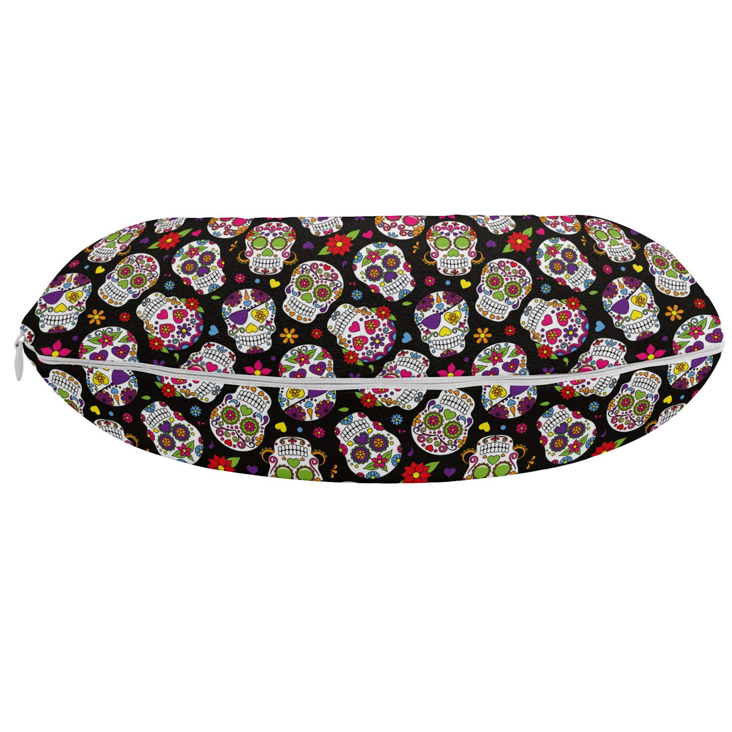 Ambesonne Sugar Skull Travel Pillow Neck Rest, Graveyard Mexico Design on Black Backdrop Print, Memory Foam Traveling Accessory for Airplane and Car, 12