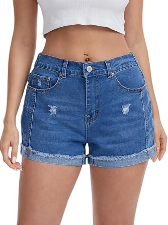 YOCUR Womens Stretchy Denim Jean Shorts Cut Off Folded Hem Hot Pants | Folded Hem,Jean Shorts With Pockets,Mid Rise,Vintage Ripped Distressed,Denim stretch shorts,Summer,Casual Beach