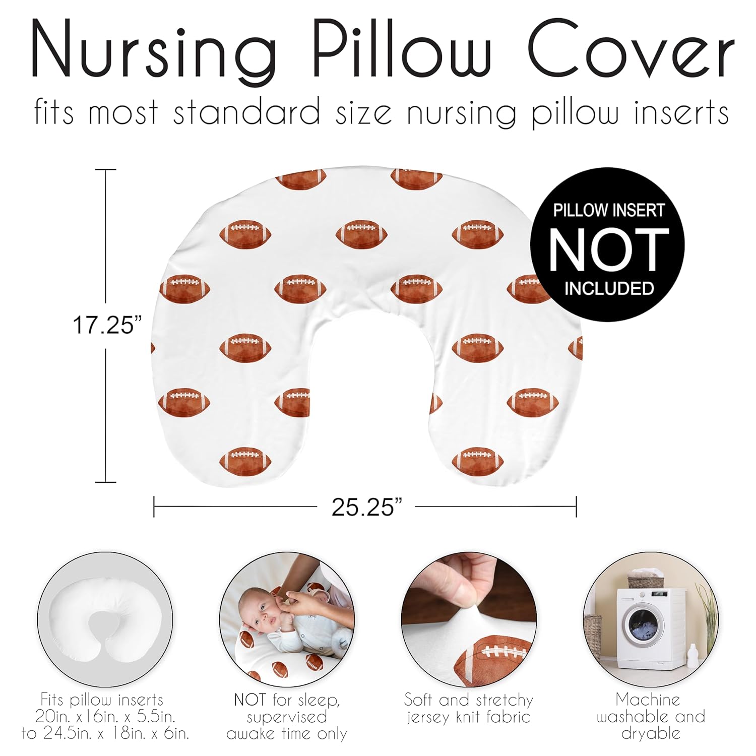 Sweet Jojo Designs Brown White Football Boy Nursing Pillow Cover Baby Breastfeeding Slipcover Infant Newborn Nursery Bottle Breast Feeding Pillowcase Pillow NOT Included for Sports Themed Collection