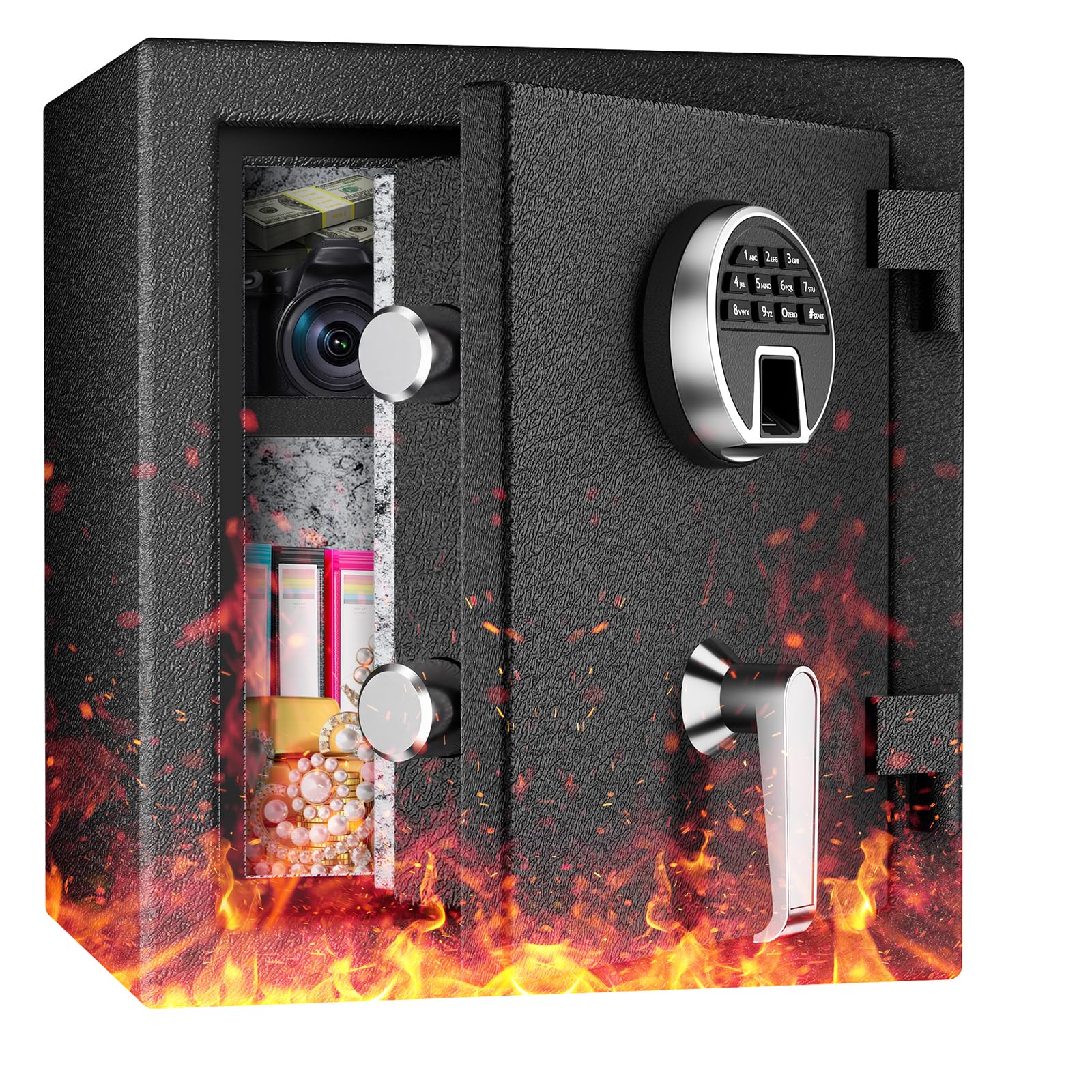 45L Biométrique Coffre Fort Ignifuge,Safe à Empreintes Digitales-40*36*31cm | avec Clavier Numérique et Chargement de Type-C, Coffre Fort Etanche pour l'Argent, la Maison, l'Hôtel, le Bureau