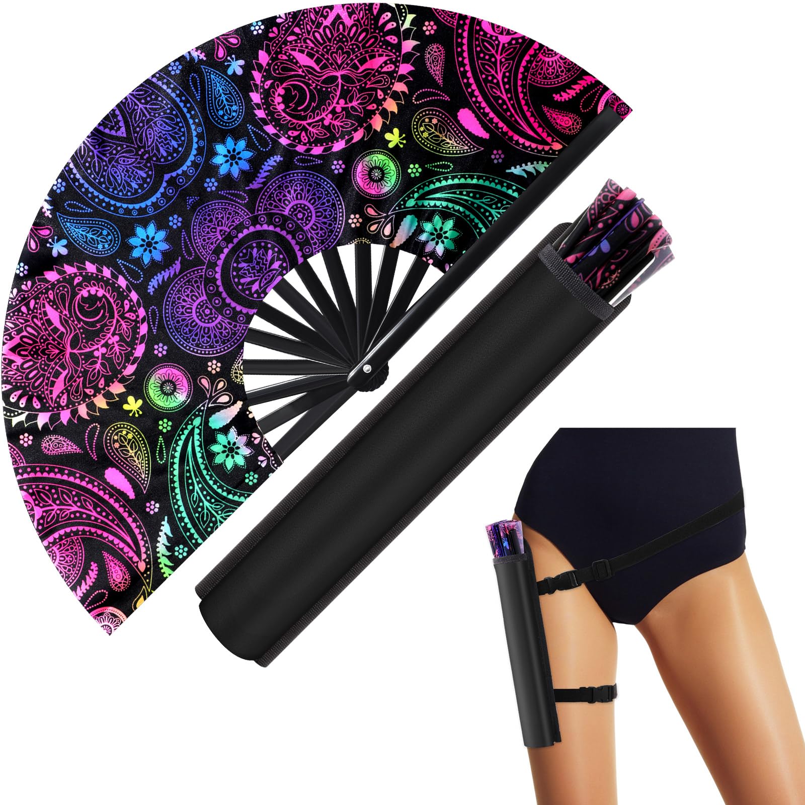FairySandy Large Rave Fan UV Glow Clack Summer Hand Fan with Thigh Holster for Women Carnival Party Supplies for Carnival Edm Music Festival Club Accessories(Paisley,Purple)