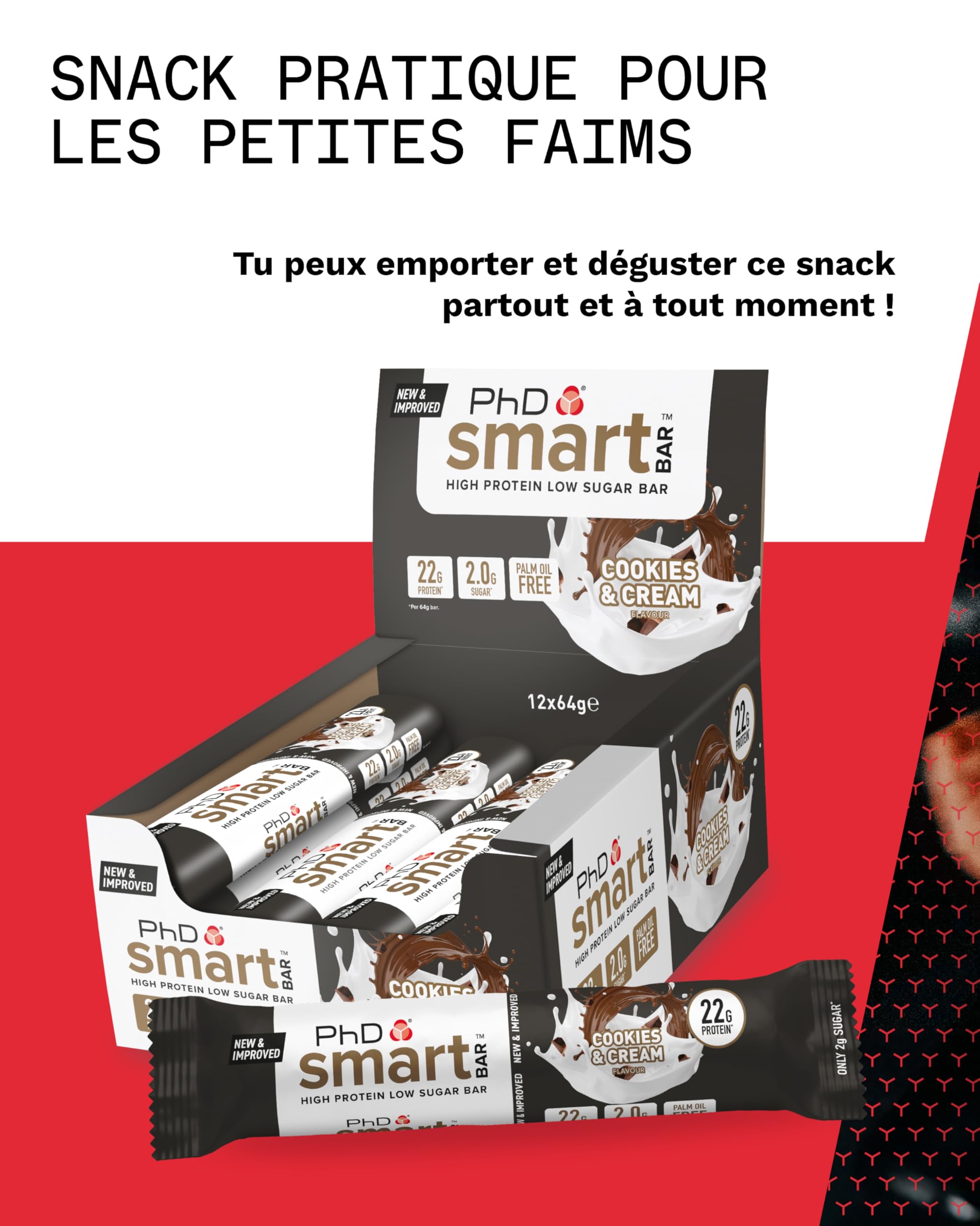 PhD Nutrition Smart Bar Barre Protéinée 12 x 64g Cookies & Cream - Encass protéinée riche jusqu’à 22g de protéines et peu de sucre, barre adaptée aux macros
