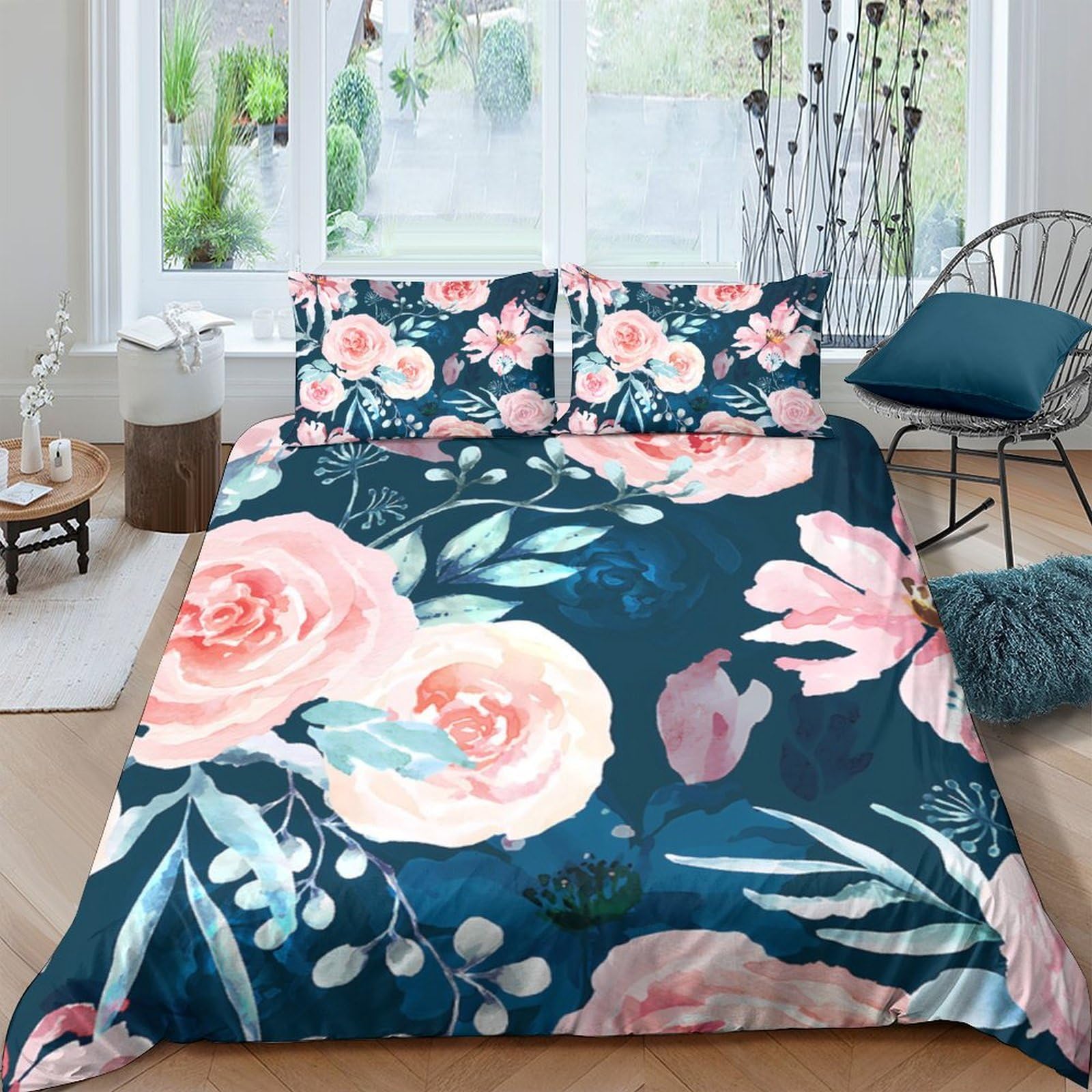 TUFRTGYHN 3D Printed Floral Rose Duvet Cover Microfiber Soft Breathable Botanical Bedding Set with 2 Pillowcases for Bedroom Décor Single（135x200cm）