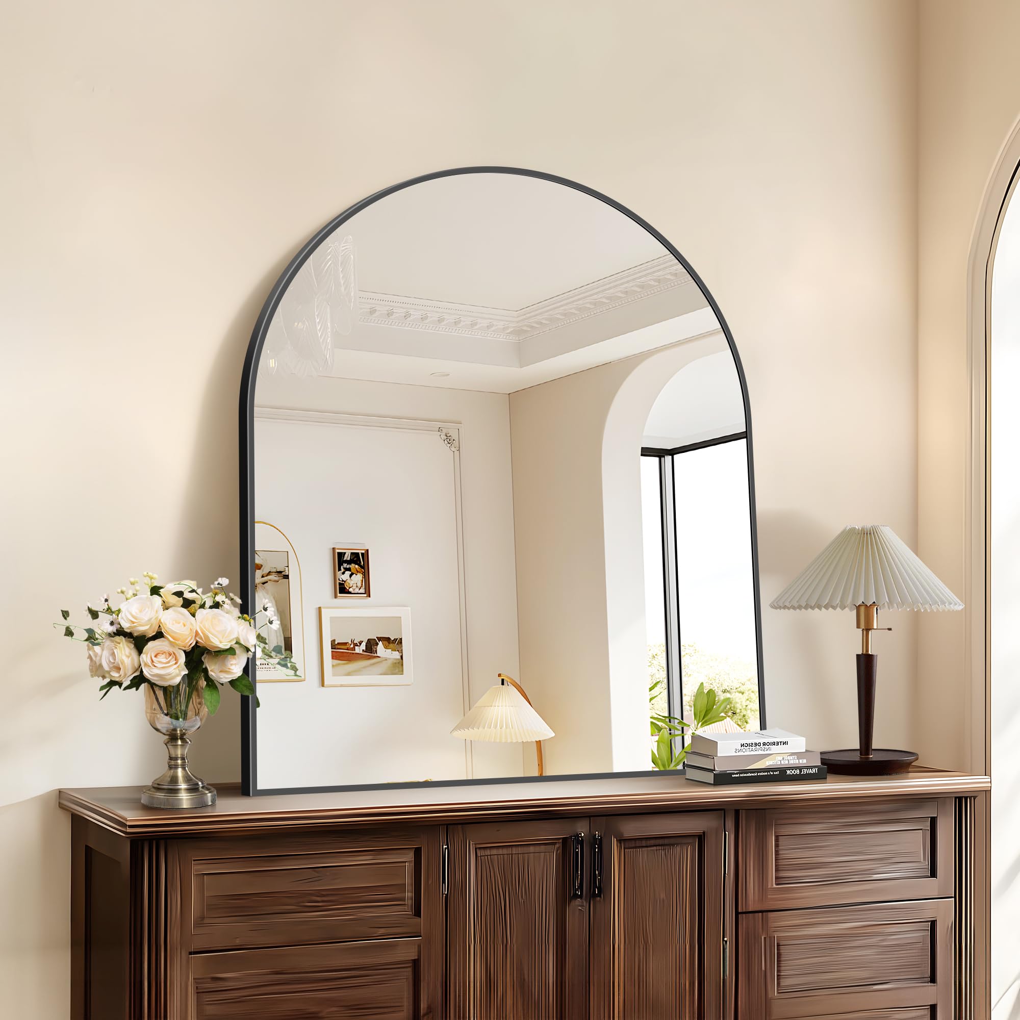 Condition photo showing New/Like New for Black Arch Mirror, 30''x36'' Black Mirror for Bathroom, Wide Arched Bathroom Mirror with Metal Wall Mounted Mirror for Bedroom Living Room Entryway Modern