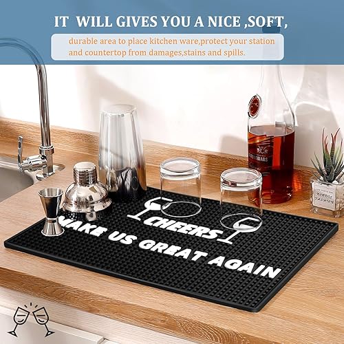 Miniatura 5 de WANGCHAO Alfombrillas de bar 2 piezas de 18 x 12 x 0.4 pulgadas, tapete de goma negra para derrames con logotipo Cheers, Make US Great Again