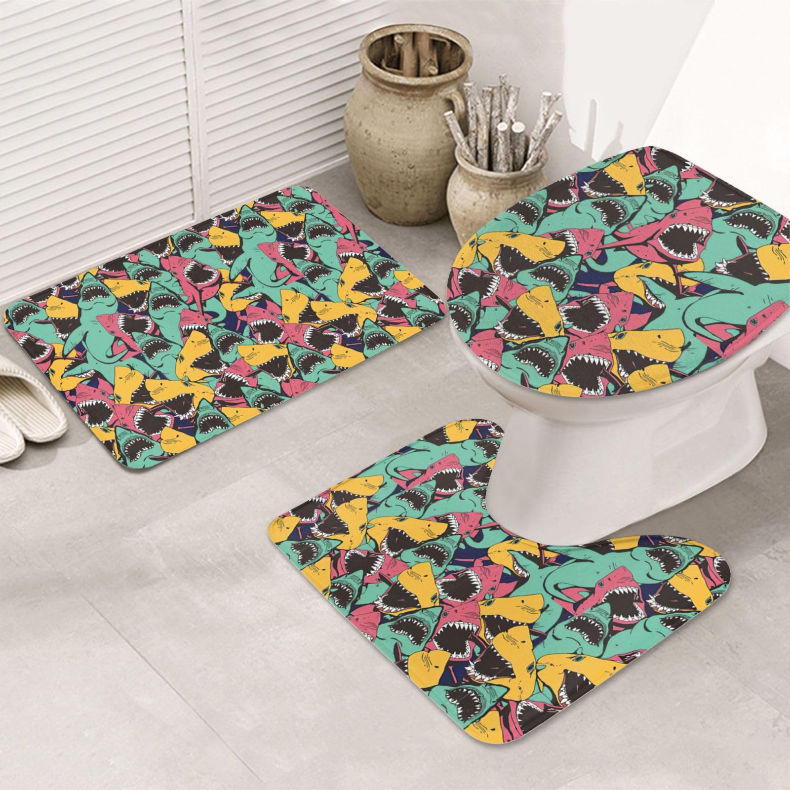 BREAUX Tapis de sol antidérapant motif requin, tapis de sol de salle de bain, couverture de douche antidérapante 3 pièces