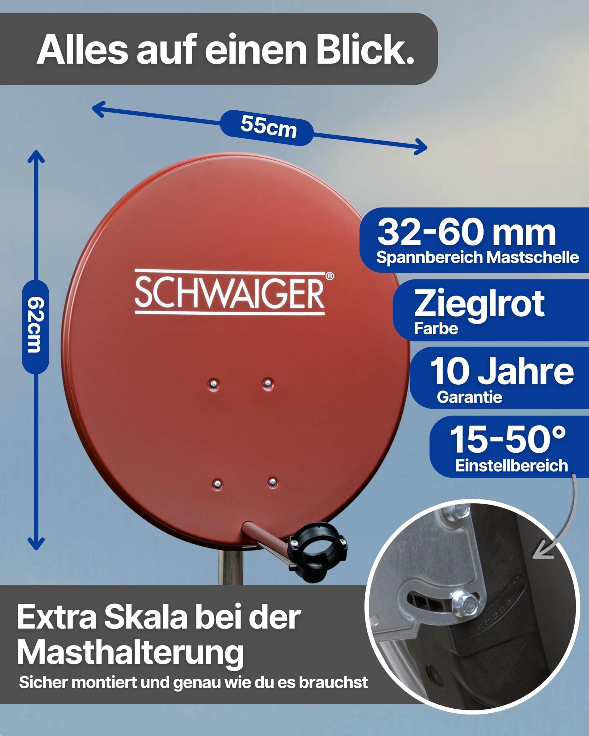 SCHWAIGER Satellitenschüssel Komplettset I Ø 60 cm Stahl Offset Antenne in Ziegelrot I Inkl. sonnengeschütztes Single LNB 1-Fach I Digital HD Empfang I Integrierte Kabelführung & wetterfest