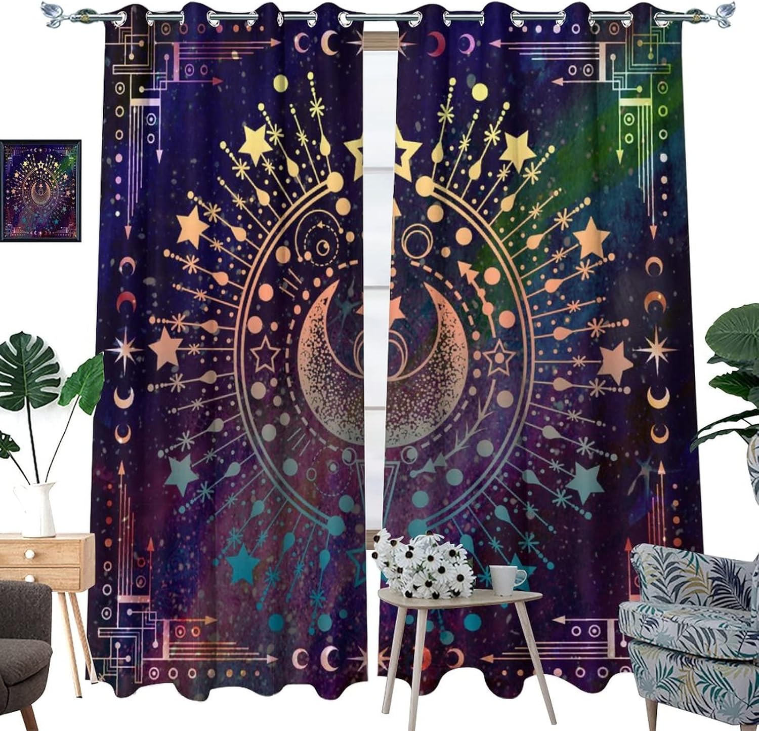 Bohemian Sun Moon Blackout Curtains for Bedroom,Indian Neon Design Hippie Mandala Tie Dye Grommet Thermal Insulated Room Darkening Curtains Window Drapes 2 Panels 63L x 21W