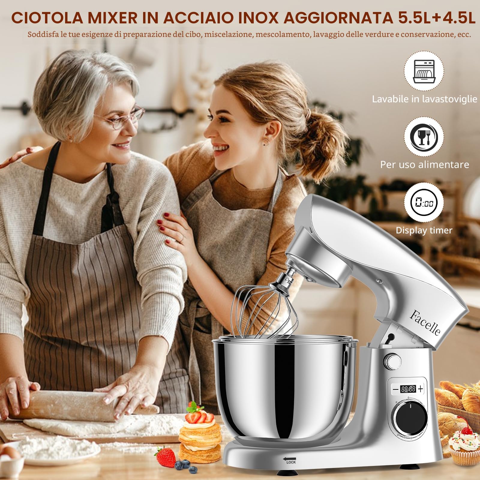 Impastatrice Planetaria Offerta 1500W, Facelle 5,5L & 4,5L Robot da Cucina Multifunzione, 10+P Impastatrice a Spirale Professionale con Gancio per Impastare, Frusta Piatta, Frusta, Bassa Rumorosità