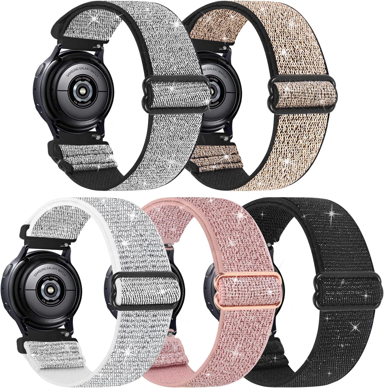 5 Pack Stretchy Nylon Watch Bands Compatible with Samsung Galaxy Watch Active 2 Bands 40mm 44mm/Active 40mm/Galaxy Watch 3 41mm/Galaxy Watch 42mm/Gear S2/Galaxy Watch 4 Fabric 20mm Wristband