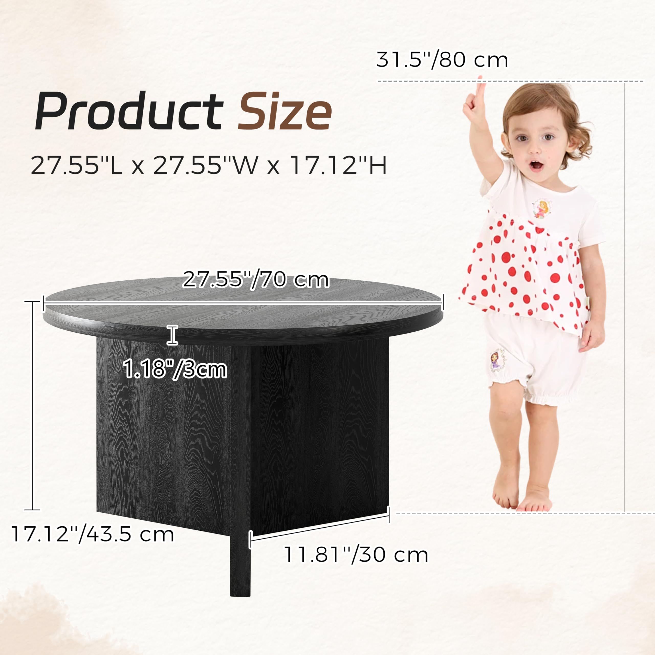 Luoxiao Round Coffee Table 27.5" Modern Black Coffee Tables for Living Room | Small Center Tables for Apartment, Rounded Edges, Sturdy Construction,Thick Tabletop, Easy Assembly, Circle Accent Table
