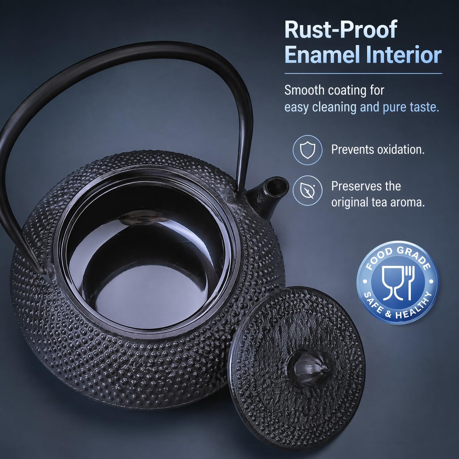 Traditionelle Japanische Gusseisen Teekanne, Schwarz, 800ml | Schweres Design, strukturiertes Muster, asiatischer Stil mit emaillierter Innenseite und Teesieb aus Edelstahl