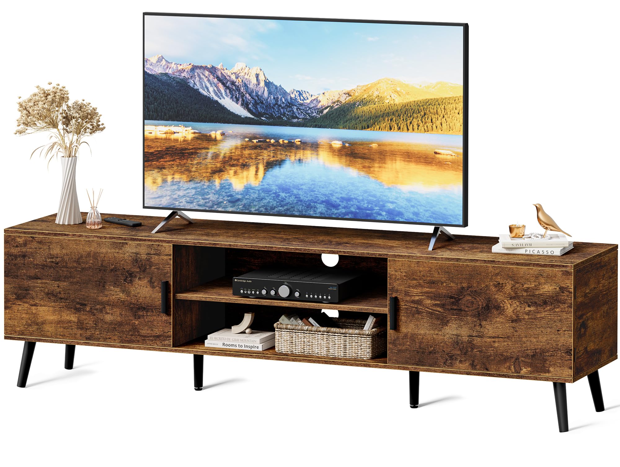 superjare tv stand for 55, 65 inch tv, 63 inch entertainment center with adjustable shelf, 2 cabinets, tv console table, media console, solid wood feet, 4 cord holes, for living room, rustic brown