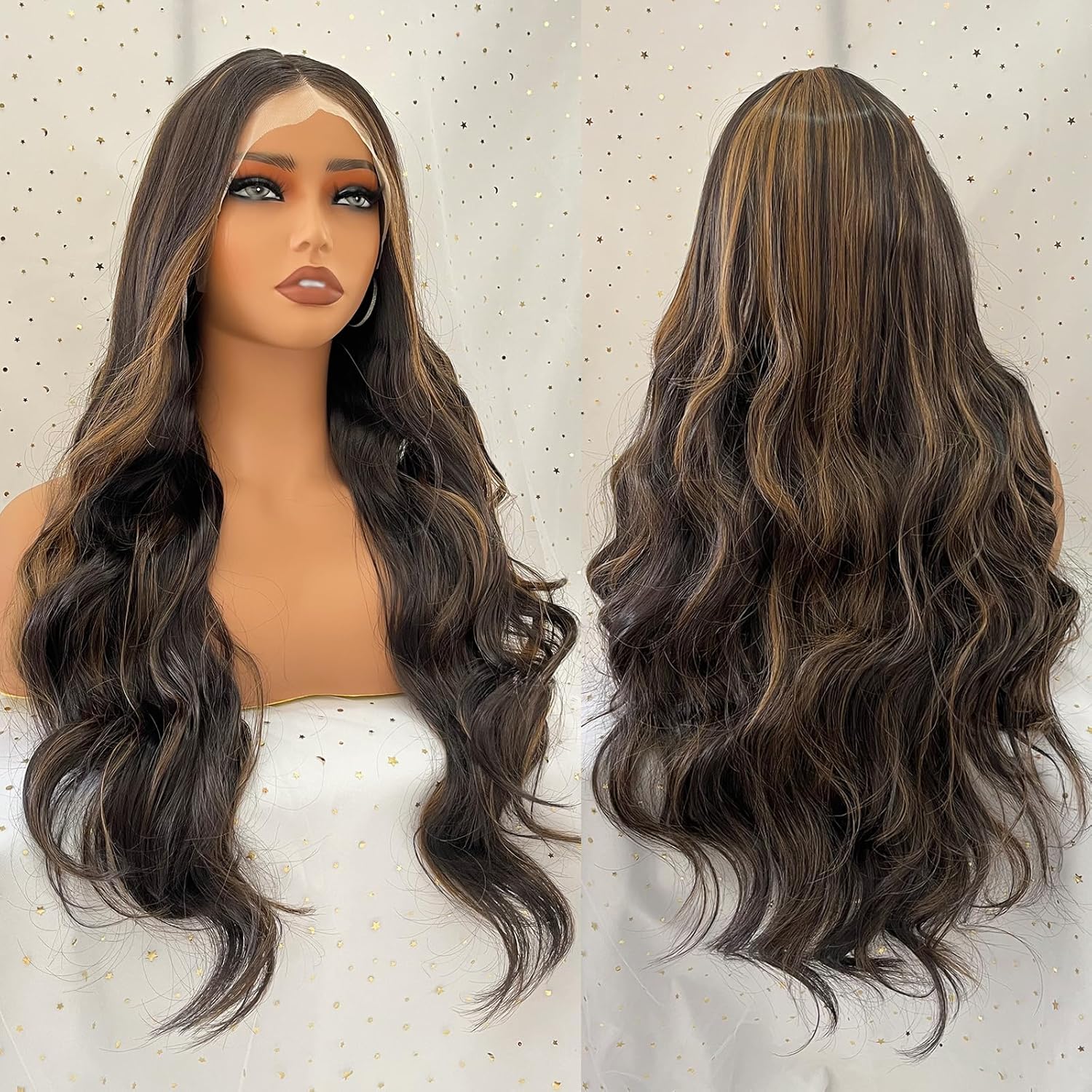 13x4 Lace Front Wigs for Women Long Brown Wavy Synthetic Wig With Highlights Heat Resistant Glueless HD Lace Wig 22 Inches