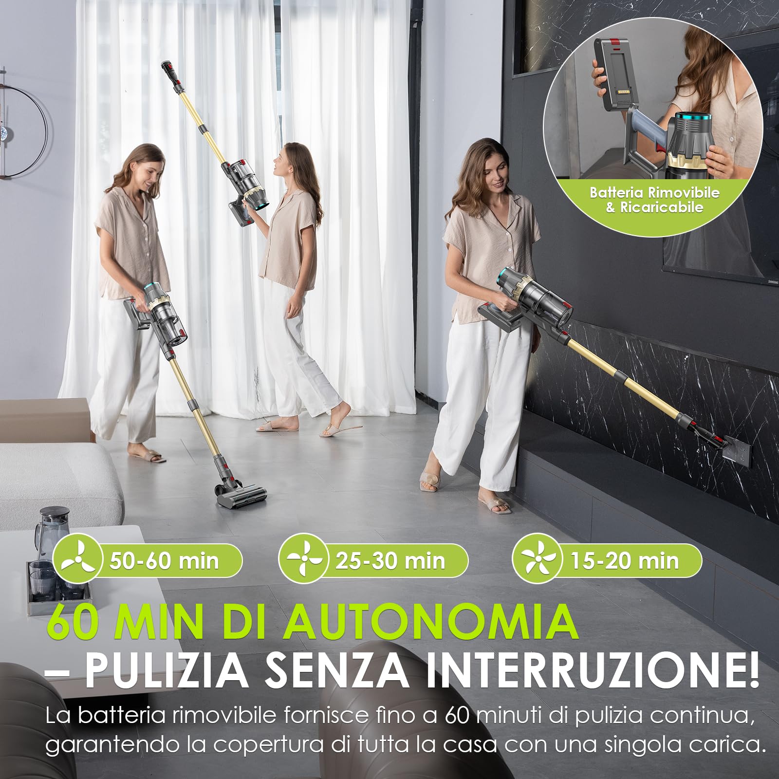 Linkifly XT1 Aspirapolvere Senza Fili Potente 550W 50KPa, Autonomia 60 Min, Display LED Touch, Batteria Rimovibile, Spazzola Anti-Groviglio, Filtrazione 5 Stadi, Ideale per Pavimenti e Peli di Animali