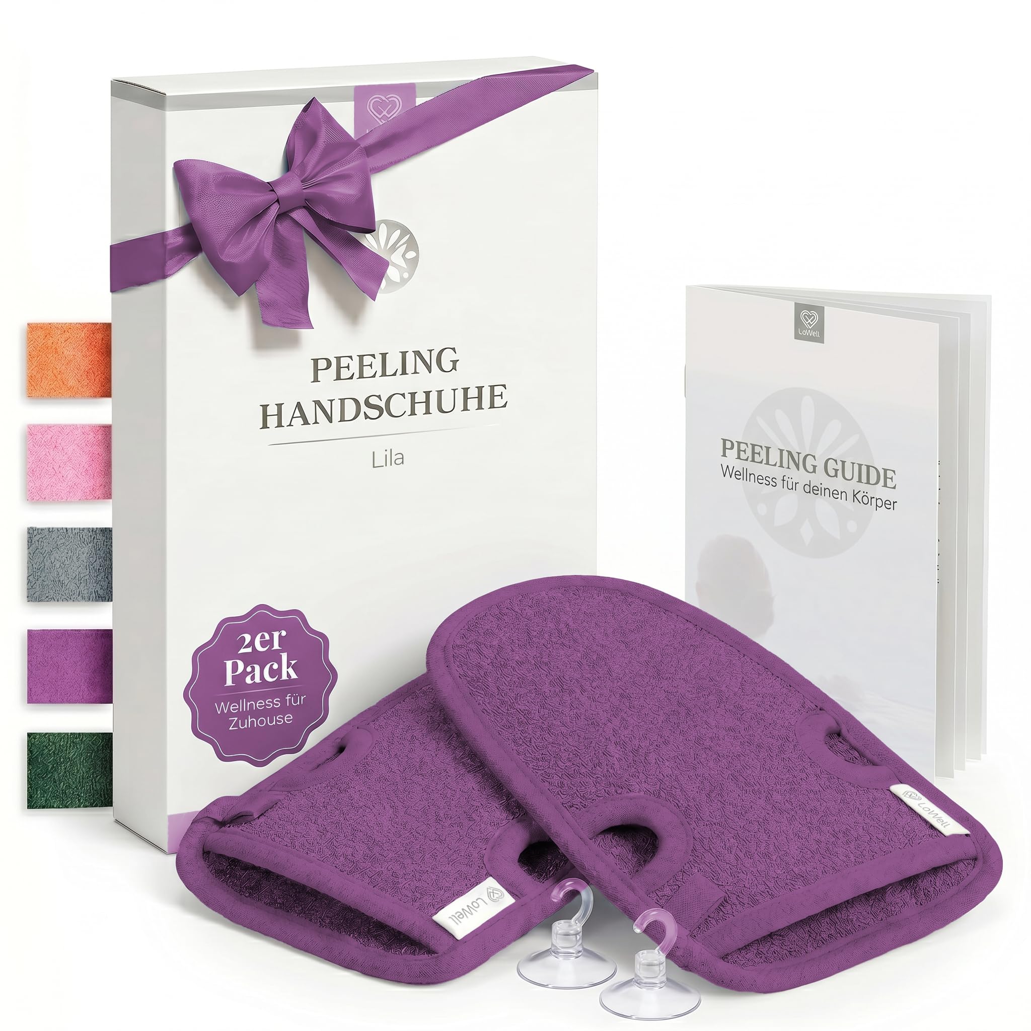 LoWell® Peelinghandschuh 2er Set – Hamam Handschuh für Körper & Gesicht – effektiver Peeling Handschuh zur Hautreinigung – inkl. Peeling Guide & 2 Saugnäpfe – Lila