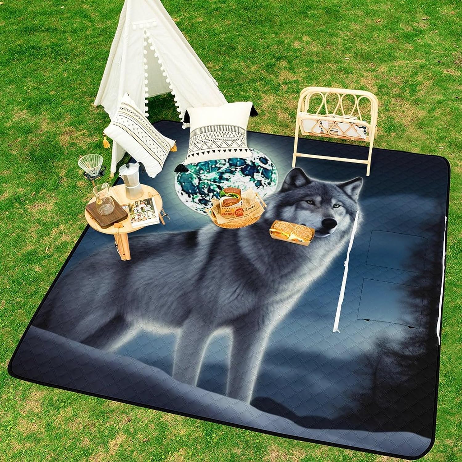 Wolf Under Moon Picnic Blanket 200x200cm, Foldable 2-in-1 Picnic Mat and Tote Bag Portable Waterproof Beach Mat Sandproof Outdoor Blanket for Park, Hiking, Beach, Camping, Travel