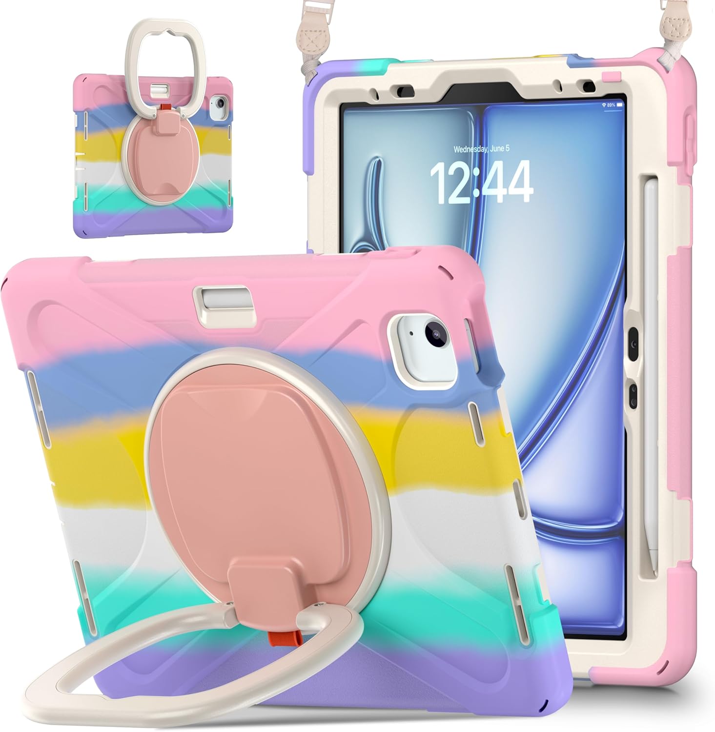 MEEgoodo Case for iPad Air 11 inch 2026(M4) / 2025(M3) / 2024(M2) & iPad Air 5th/4th Generation 10.9 inch 2022 2020, Tablet Cases with Pencil Holder & Stand & Shoulder Strap, Colorful Pink