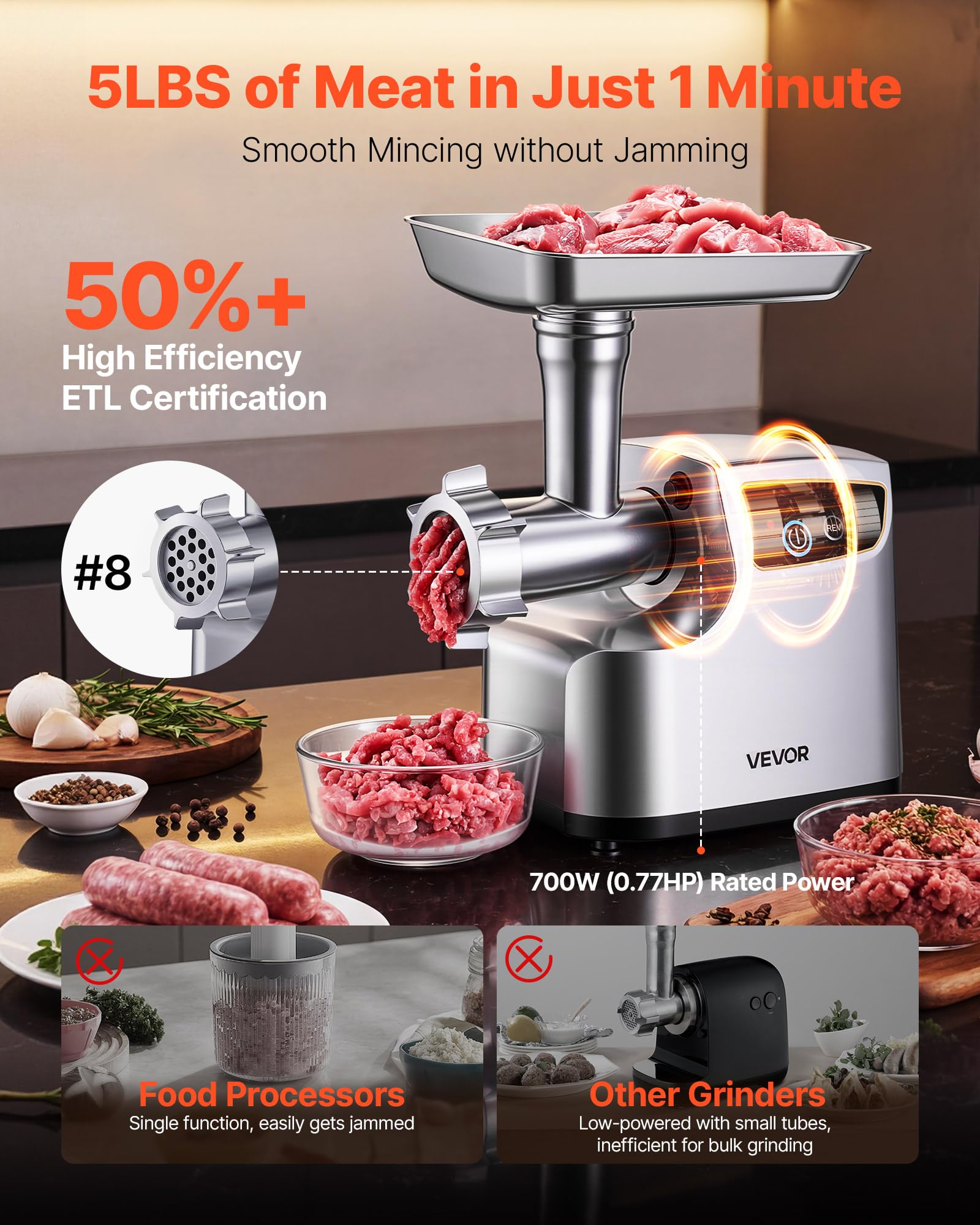 VEVOR Tritacarne Elettrica 700 W da Cucina in Acciaio Inox, Tritacarne Capacità 2,3 kg/min con 3 Dischi 3 Tubi per Salsicce Salami Carne con Piedini Antiscivolo, Cucina Commerciale Ristorante Hotel