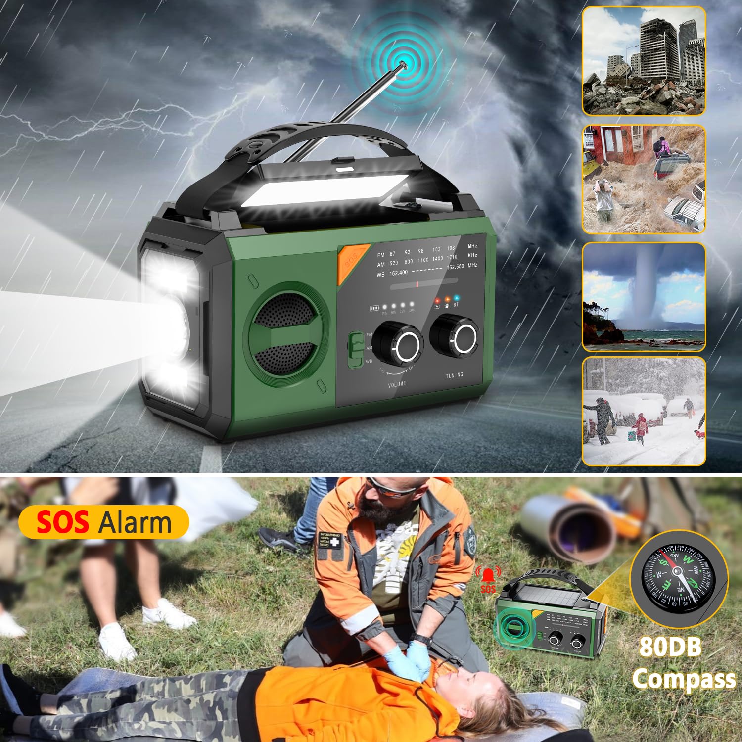 Radio d'Urgence à Manivelle 27000mAh Solaire AM/FM Portable Bluetooth Lampe de Poche SOS