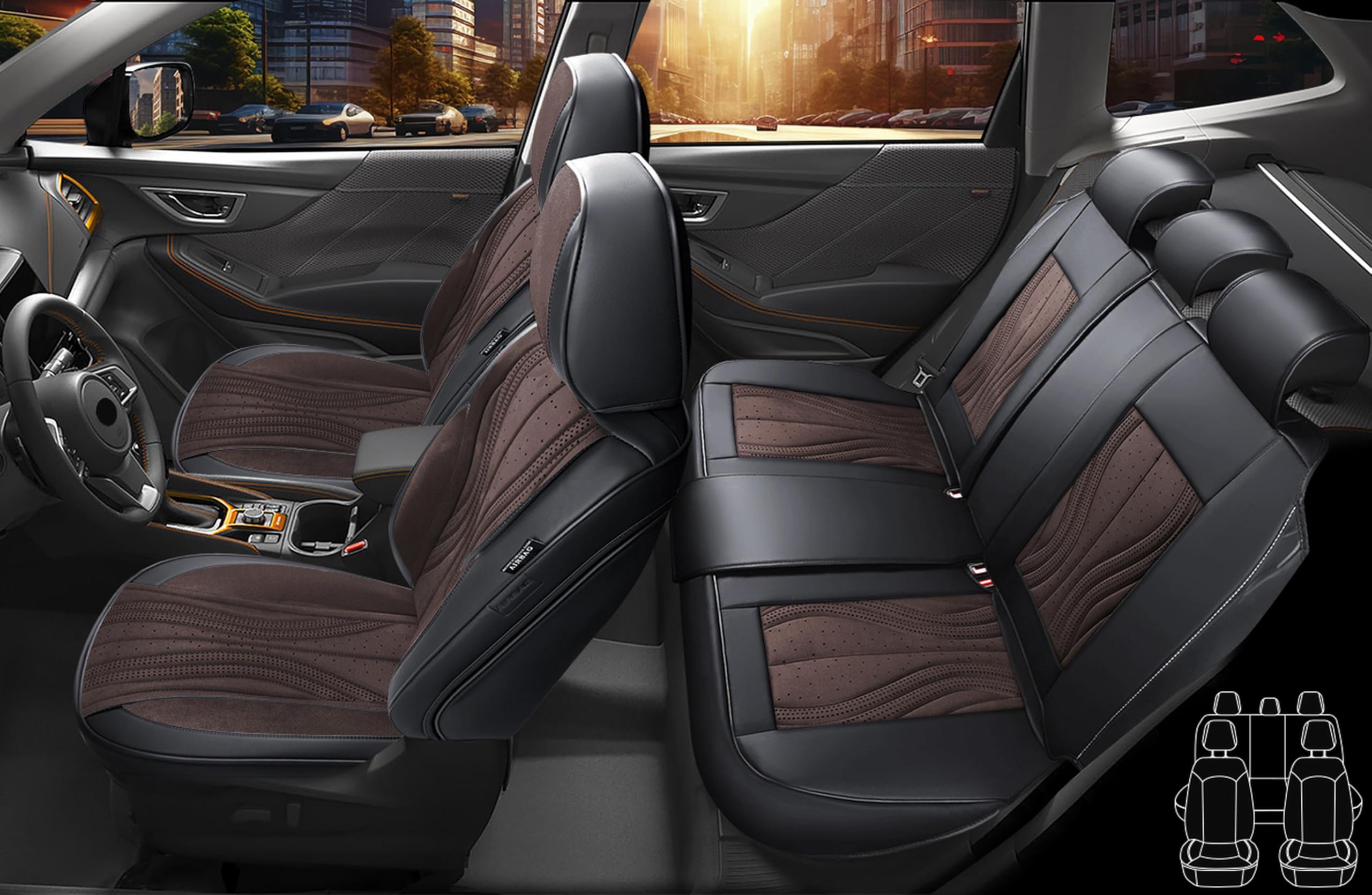 Autositzbezüge Universal für PKW & SUV – Premium Schonbezüge Komplettset Schwarz/Braun, hochwertig verarbeitet für mehr Sitzkomfort, Airbag-kompatibel Sitzauflage, für Vorder- und Rücksitze