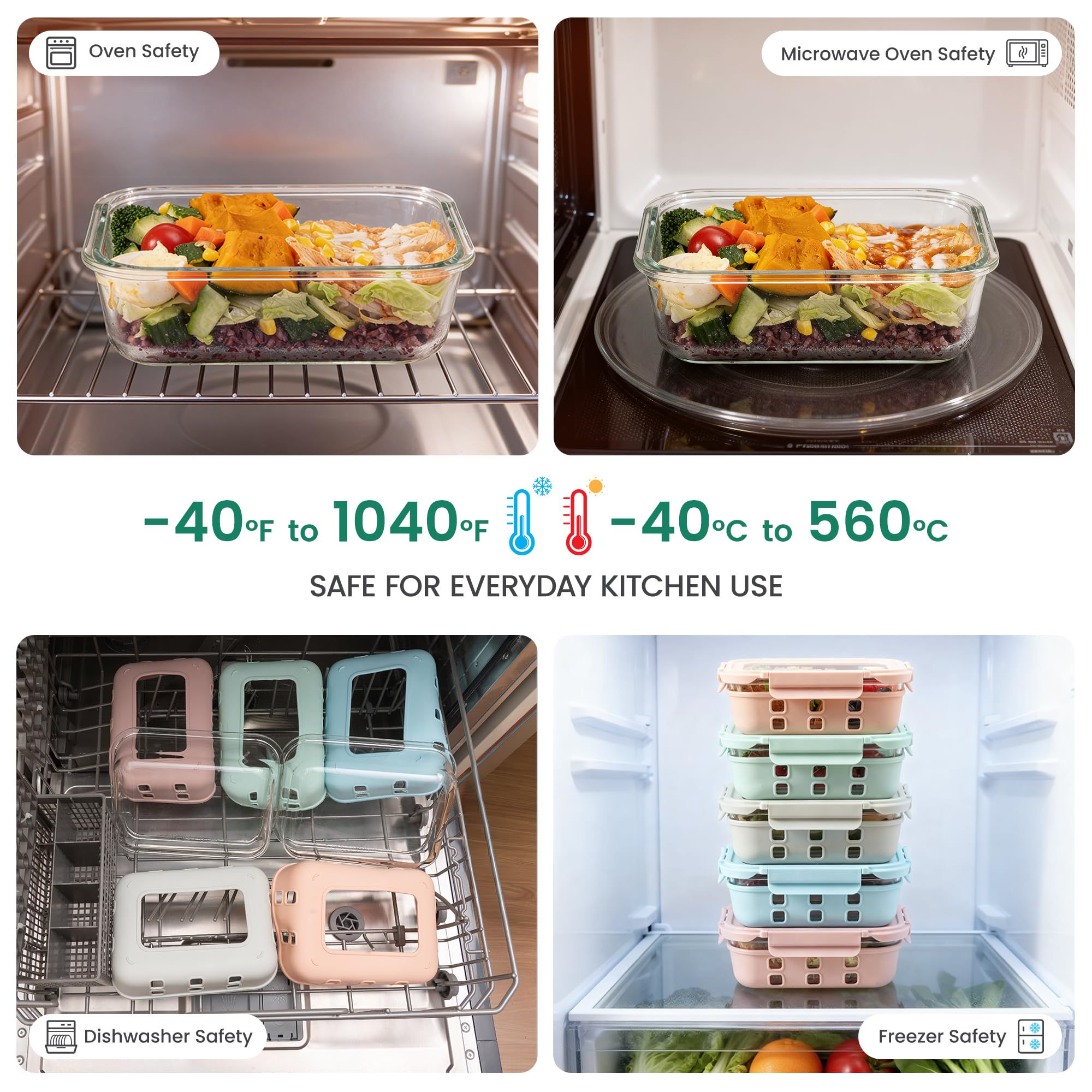 GENICOOK Contenitori per alimenti in vetro da 4,4 tazze, confezione da 5, ermetici, con coperchio in vetro temperato e manicotto antiscivolo, a prova di perdite, senza BPA, impilabili, per microonde