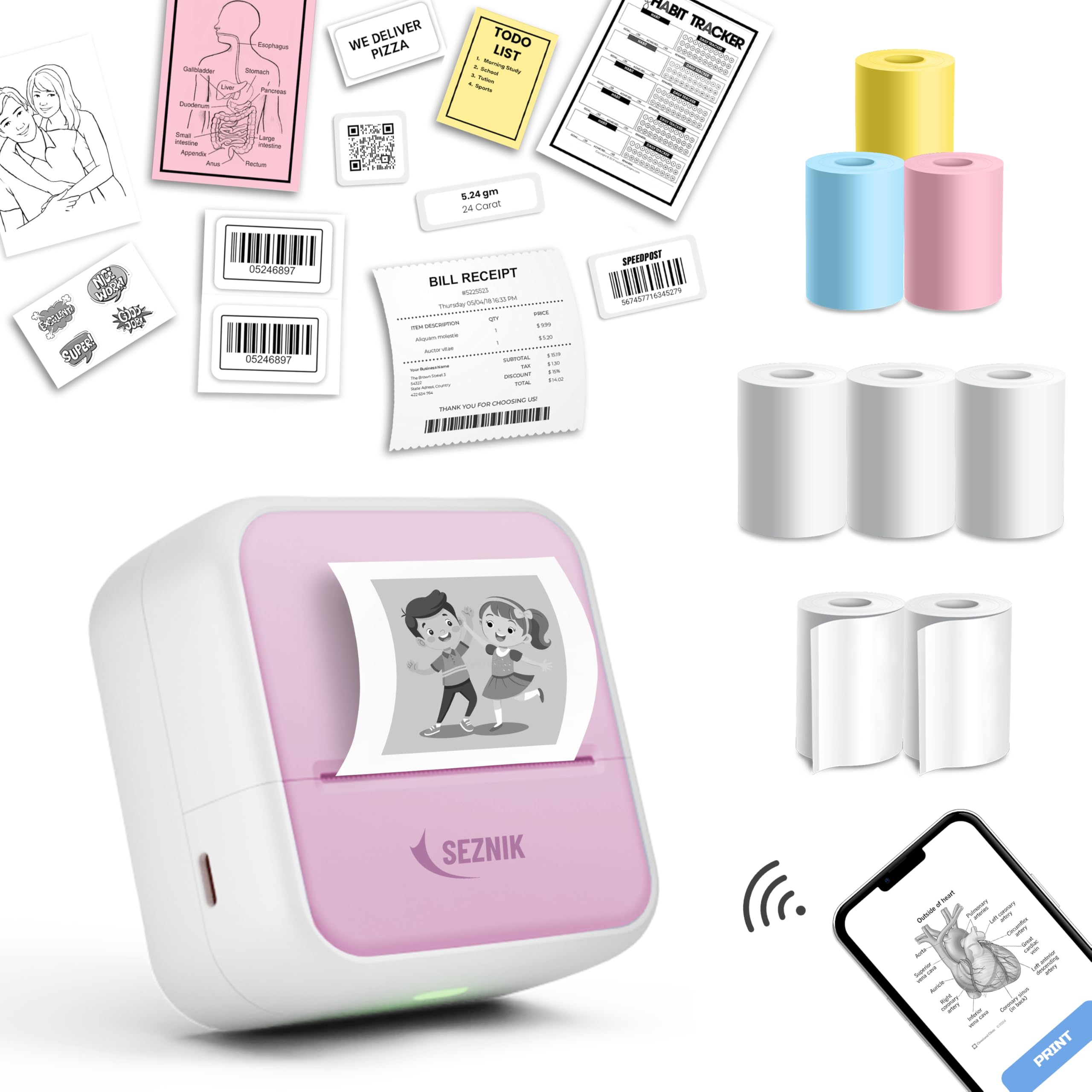 SEZNIK Mini Printer, Inkless, Thermal, Bluetooth, Portable Printer, Compatible Android, iOS Mobile. 1 Year Warranty (MiniX-Pink)