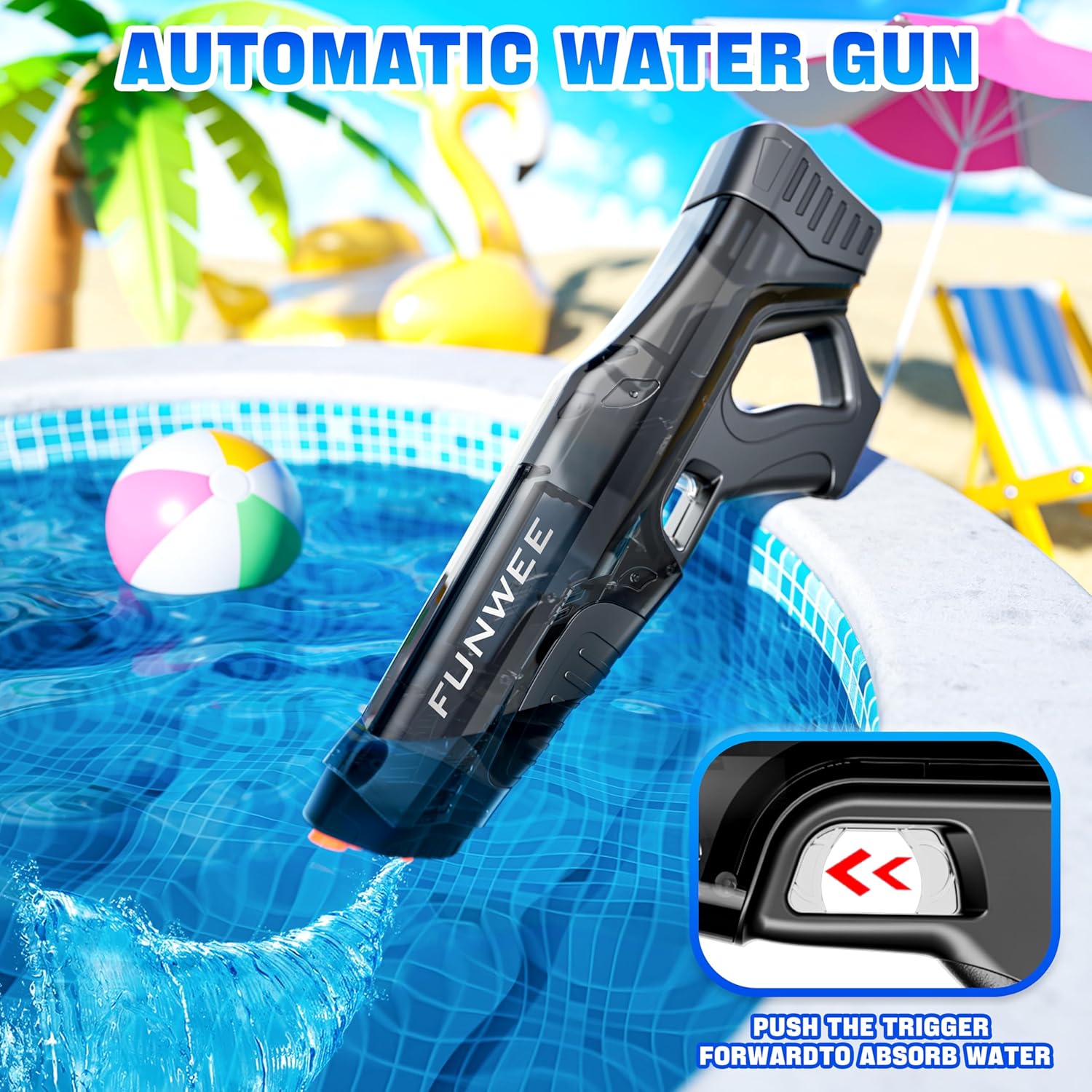 Funwee Electric Water Guns for Adults & Kids, Automatic Water Reload & Shooting Over 250 Blasts Water Blaster Squirt Gun Up to 32 FT Long Range, Summer Beach Pool Backyard Outdoor Toys (Black+Blue)