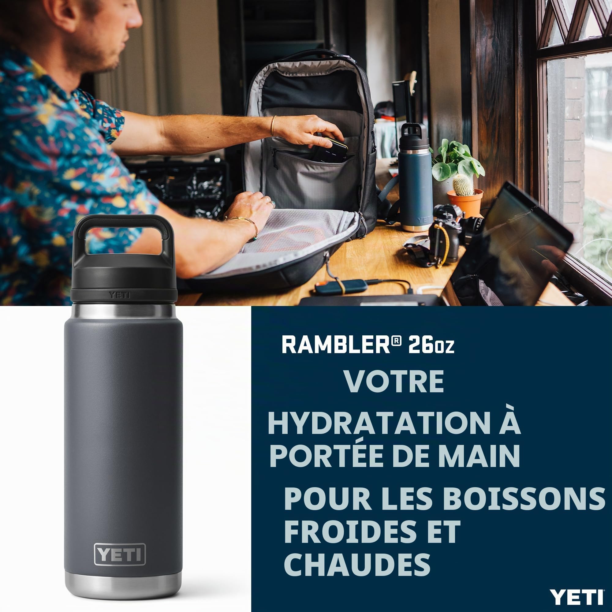 YETI Rambler Bottle Chug Bouteille isotherme en acier inoxydable avec bouchon Chug anti-fuite - Gris anthracite, 769 ml