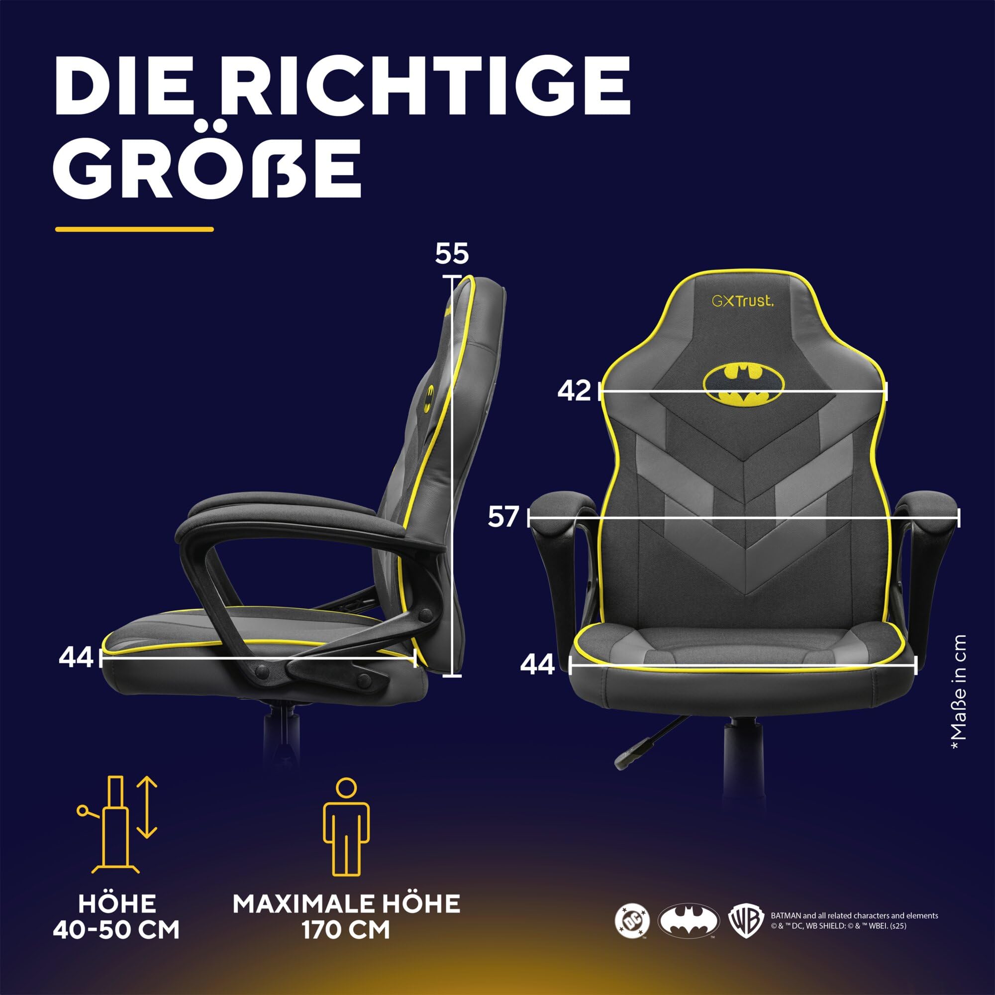 GXTrust Revvo Batman Lizenziert Gaming Stuhl für Kinder 4-12 Jahren | Gepolsterte Armlehne, Gasfeder Klasse 3, Stoffpolsterung, Höhenverstellbarer Schreibtischstuhl, Schwarz