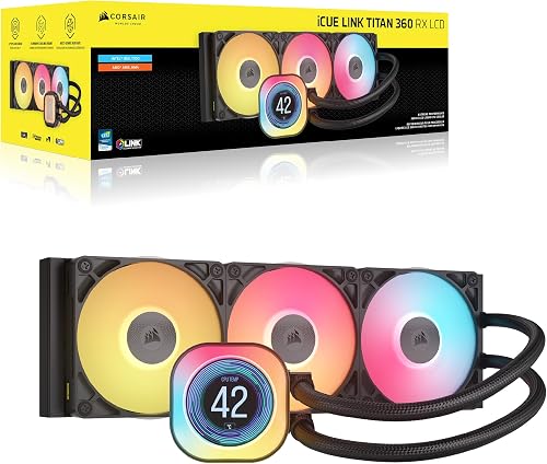 Corsair iCUE LINK TITAN 360 RX LCD Liquid CPU Cooler – 360mm AIO – Low-Noise – FlowDrive Cooling Engine – Intel LGA 1851/1700, AMD AM5/AM4 – 3x RX120 RGB Fans – iCUE LINK System Hub Included – Black - 8
