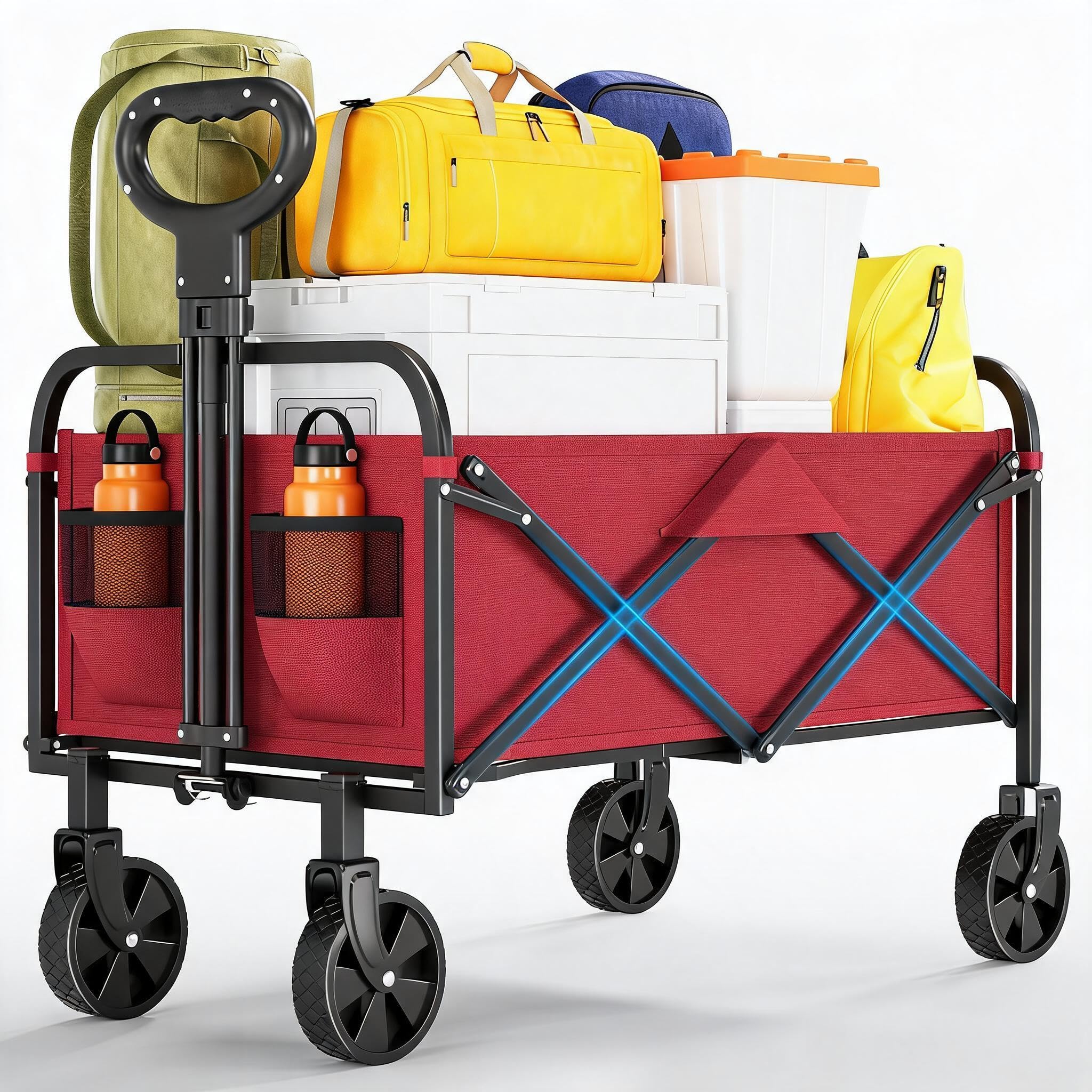 Chariot Pliable de Transport Léger 5,3 kg, Chariot de Jardin Largeur pliée 14 cm, Tissu Oxford 600D, Charge 172kg, 220 L, 2 roulettes Universelles pour Camping, Shopping, Extérieur