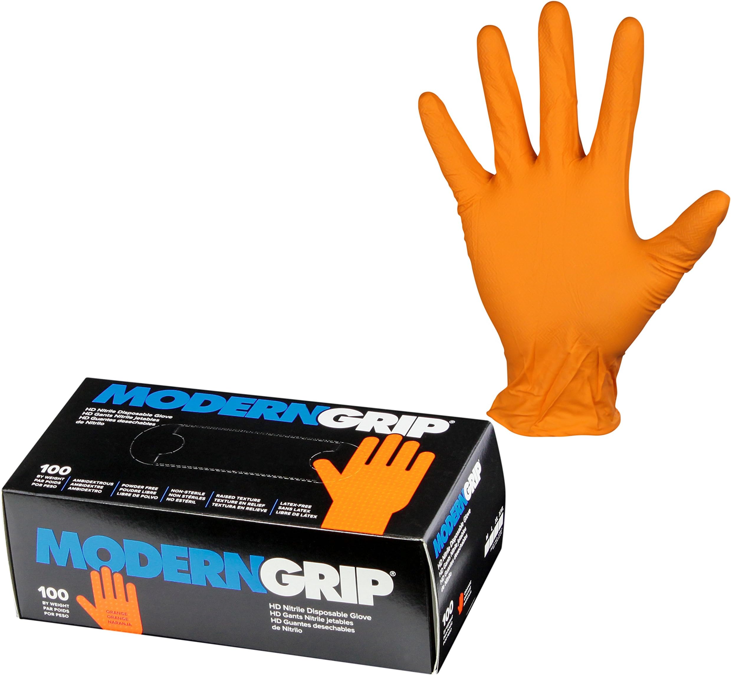 Modern Grip 17197-L Nitrile 7 mil Thickness Premium Disposable Gloves – Industrial and Household, Powder Free, Latex Free, Raised Textured for Superior Grip - Orange - Large (100 count)