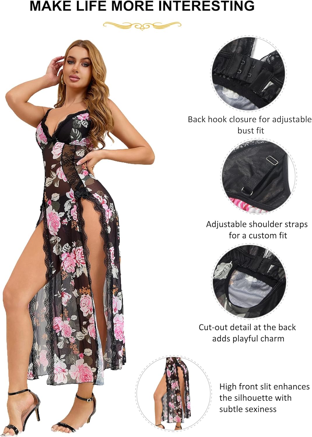 comeondear Lace Nightgown for Women Sexy V Neck Negligee with Panty Sleeveless Nightwear Long Mesh Nightgown - Image 5