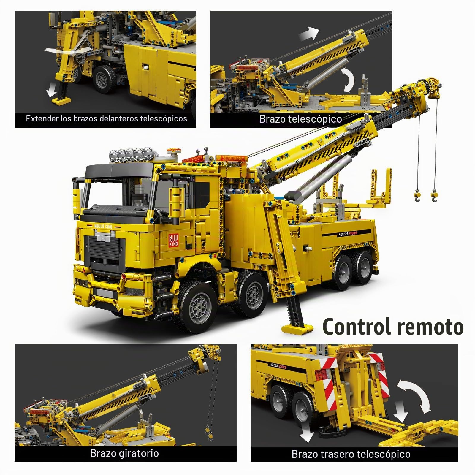 Mould King 17028 Camión de Remolque Pesado Camión de Juguete con Grúa, 4883PCS La grúa Todoterreno con Control Remoto Alto 7 Motores (Embalaje Original)