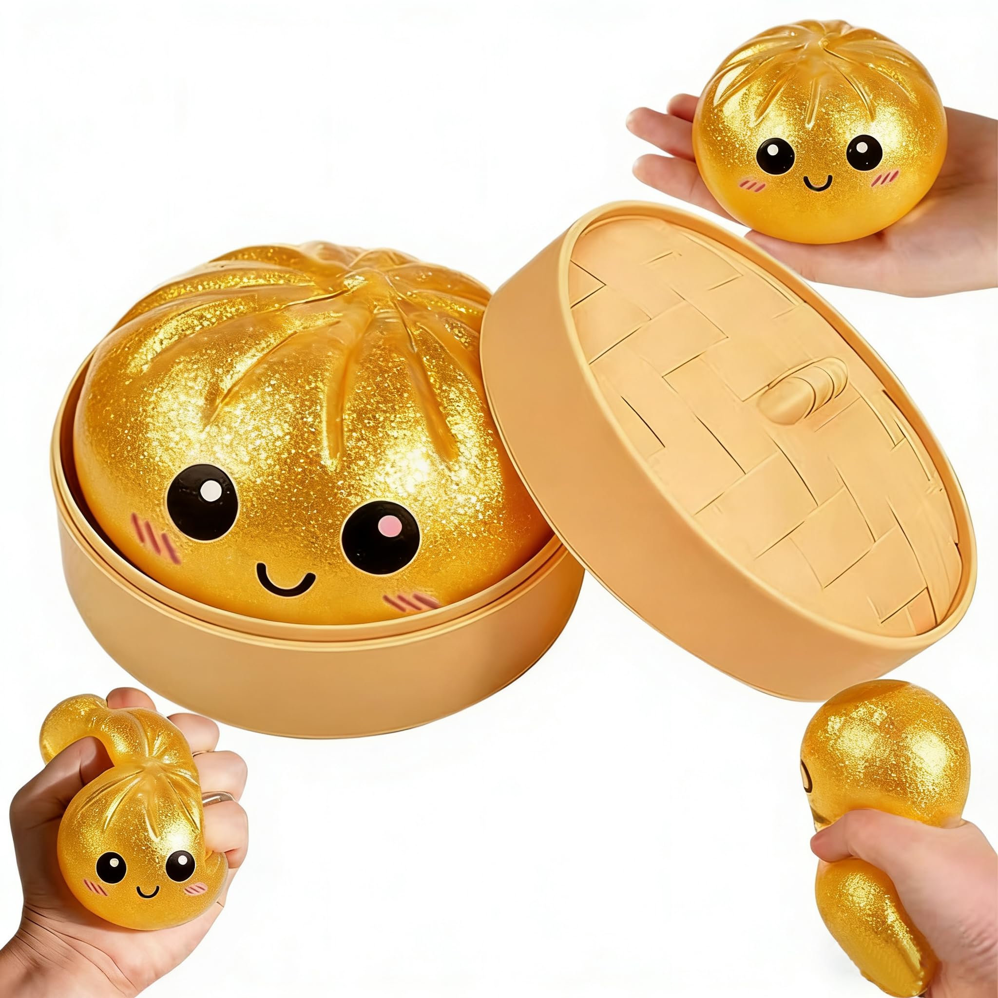 Dumpling Squishy,Dumpling Squishy Mystery Box, Glitter Sensory Fidget Balls Stress Relief Hand Toy for Adults & Teens, Easter BasketStuffers with Mini Food Steamer Stretchy Desk Toys (Gold Style 2)