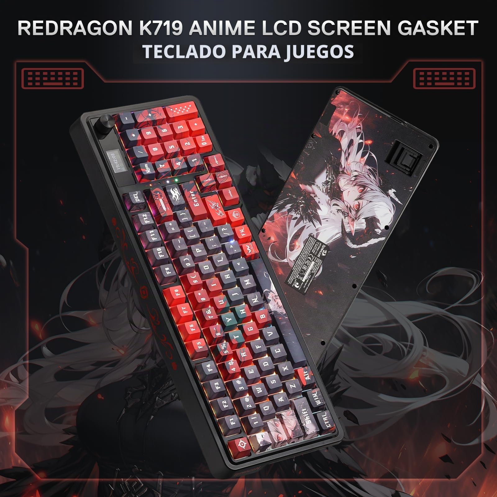 Redragon K719 PRO - Teclado inalámbrico para juegos con pantalla Hype y perilla, teclado mecánico de 95 teclas, pantalla de información TFT de fácil control de 1.14 pulgadas, amortiguación de ruido de